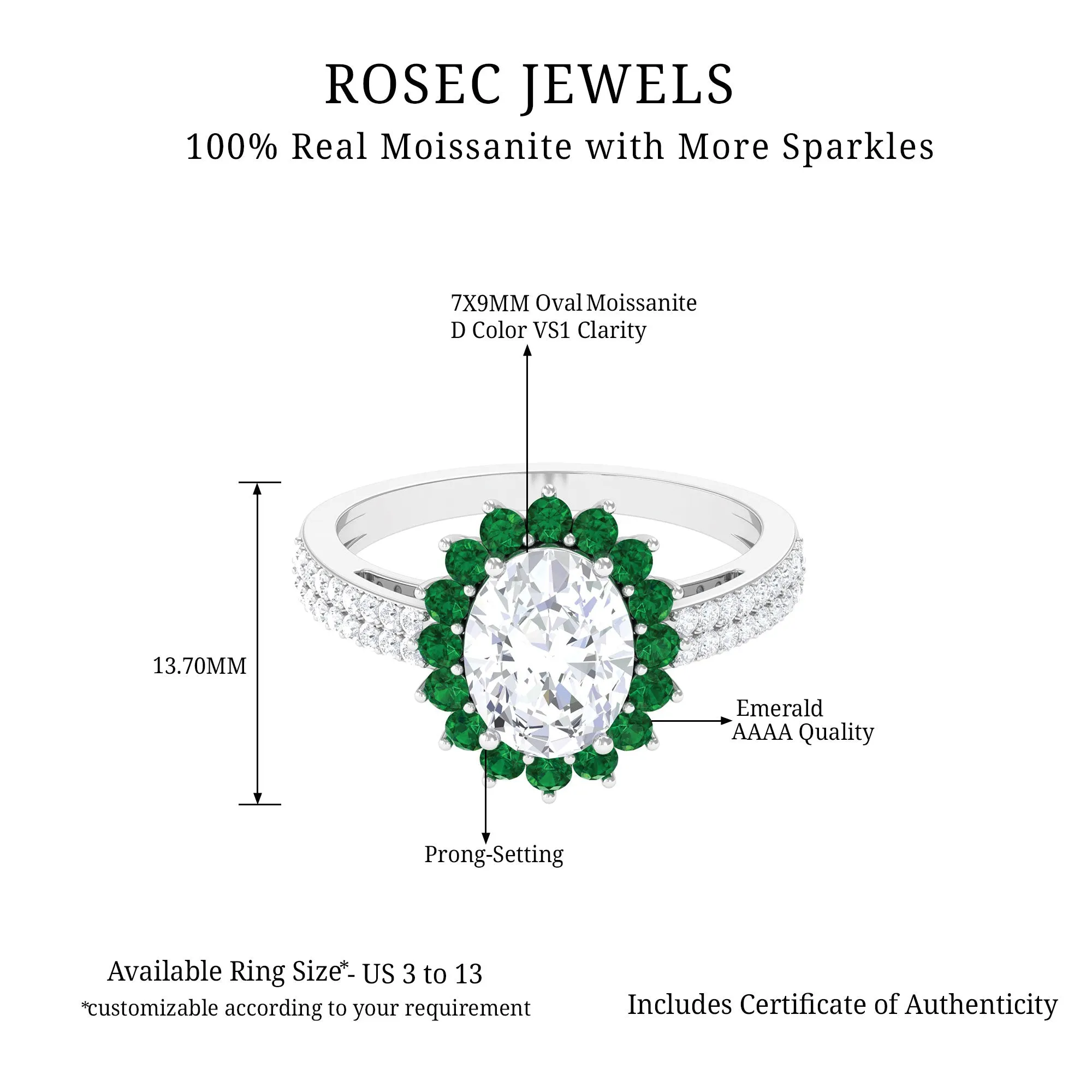 Moissanite Oval Engagement Ring With Lab Grown Emerald Halo