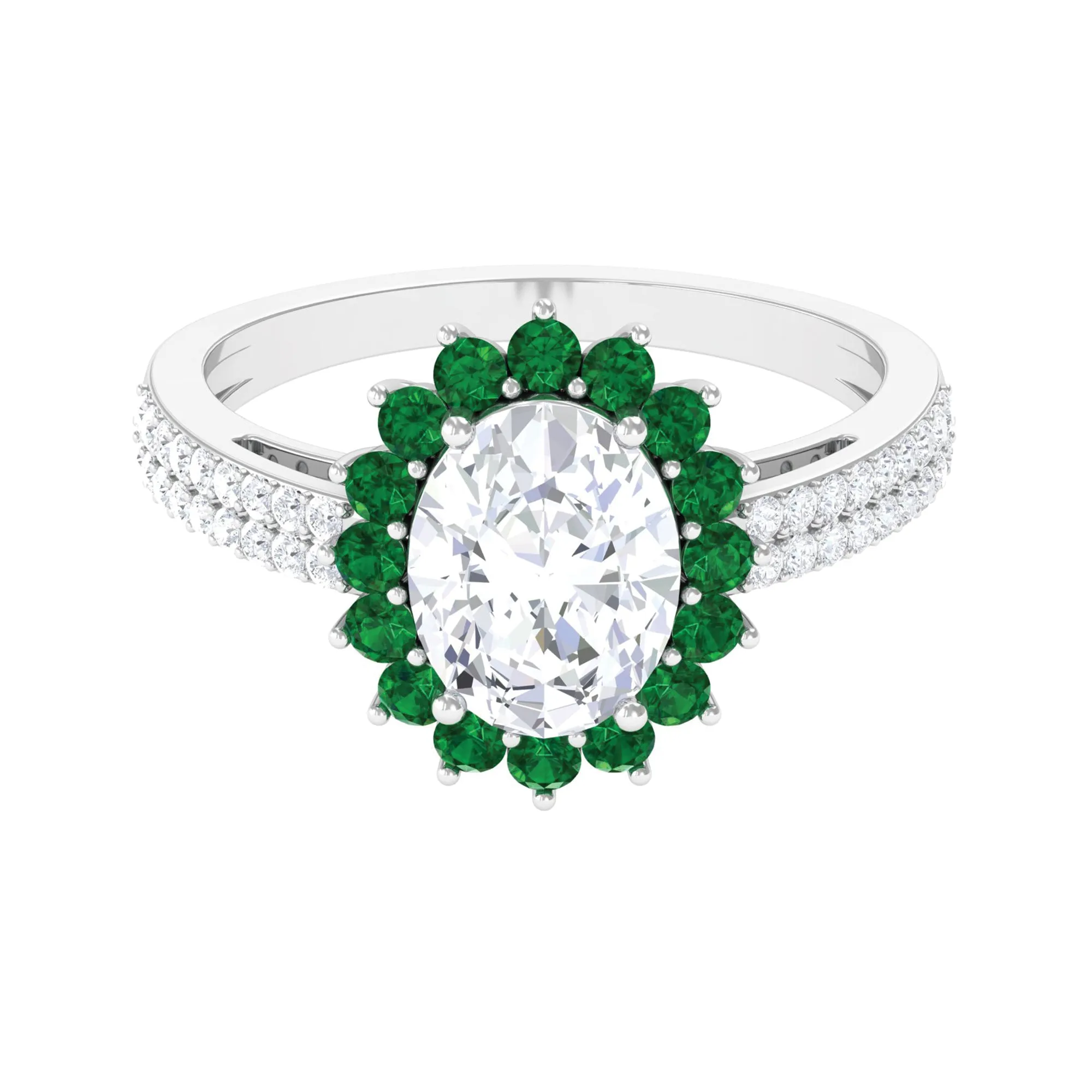 Moissanite Oval Engagement Ring With Lab Grown Emerald Halo