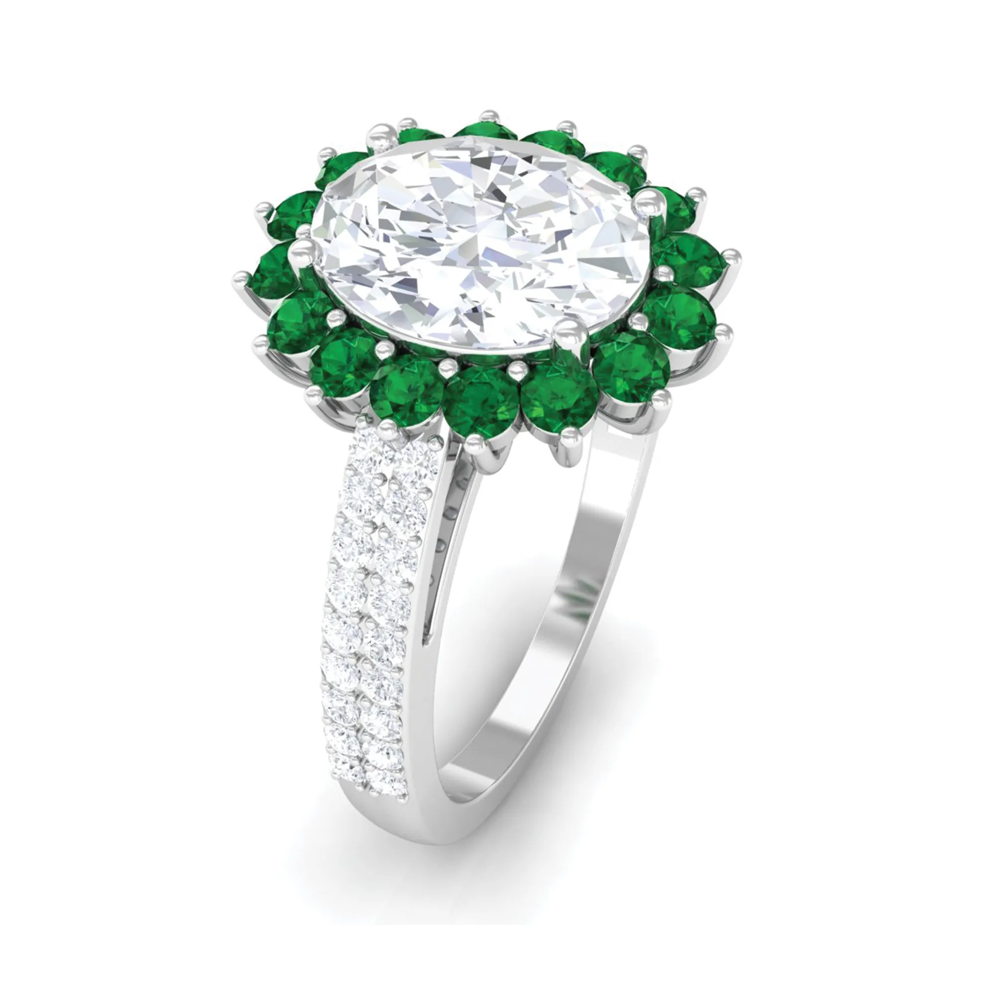 Moissanite Oval Engagement Ring With Lab Grown Emerald Halo