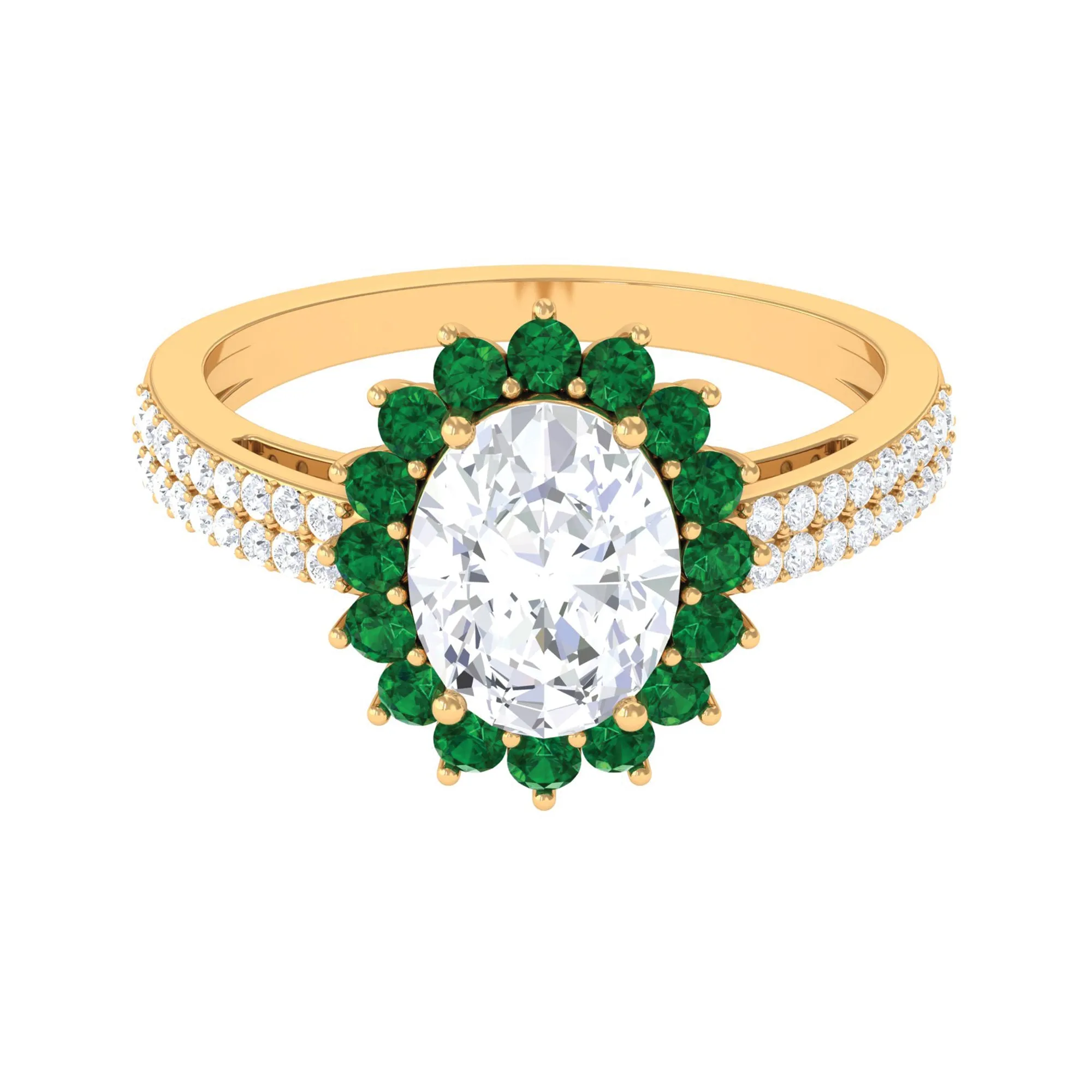 Moissanite Oval Engagement Ring With Lab Grown Emerald Halo