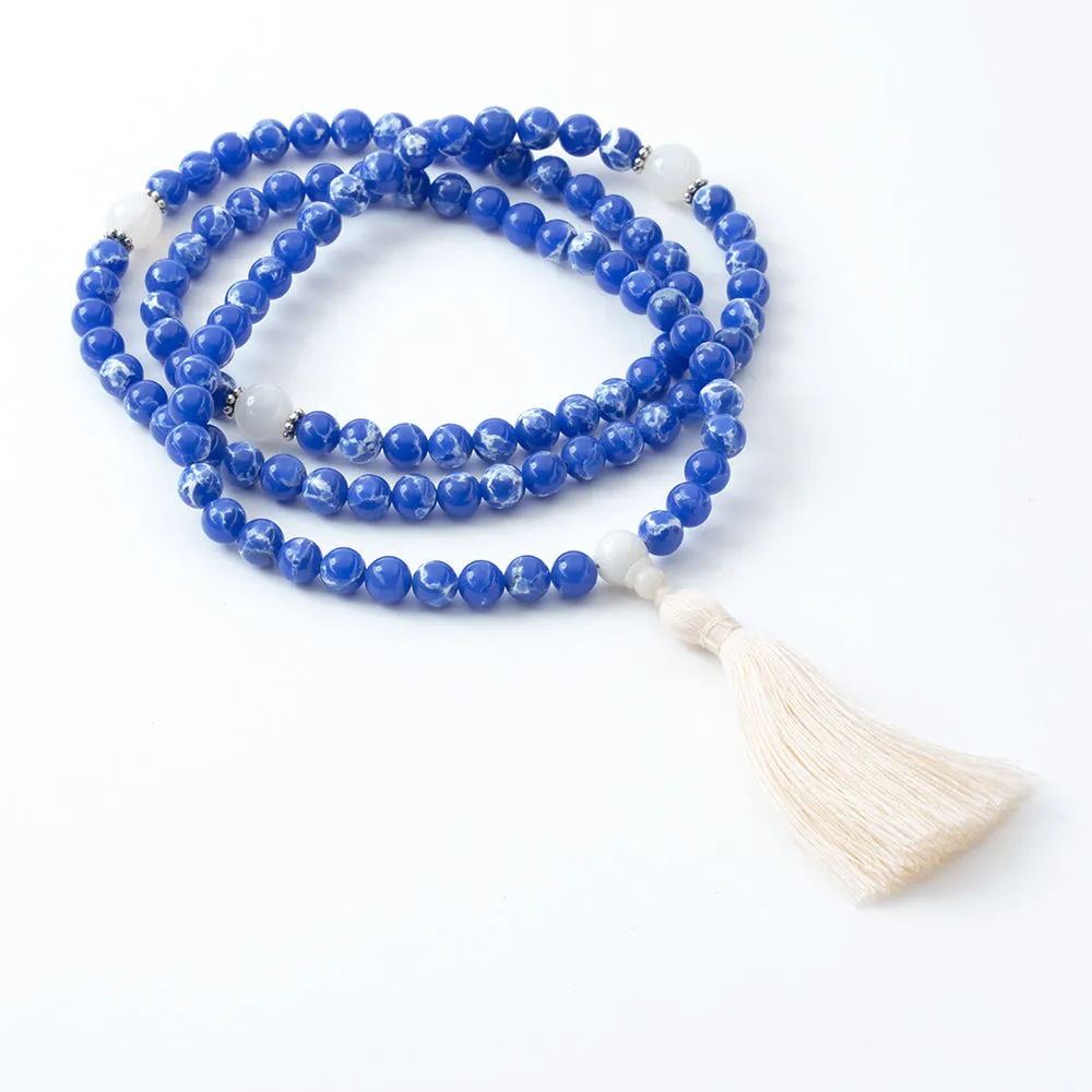 Mother of Pearl and Blue Aqua Terra Mala, 108 Bead