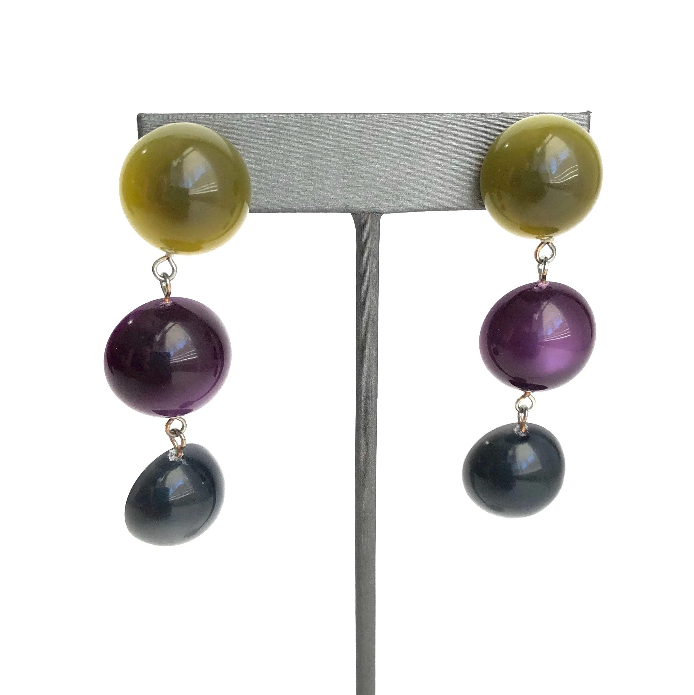 Olive Green Deep Purple & Grey Moonglow Tri Dot Drop Earrings