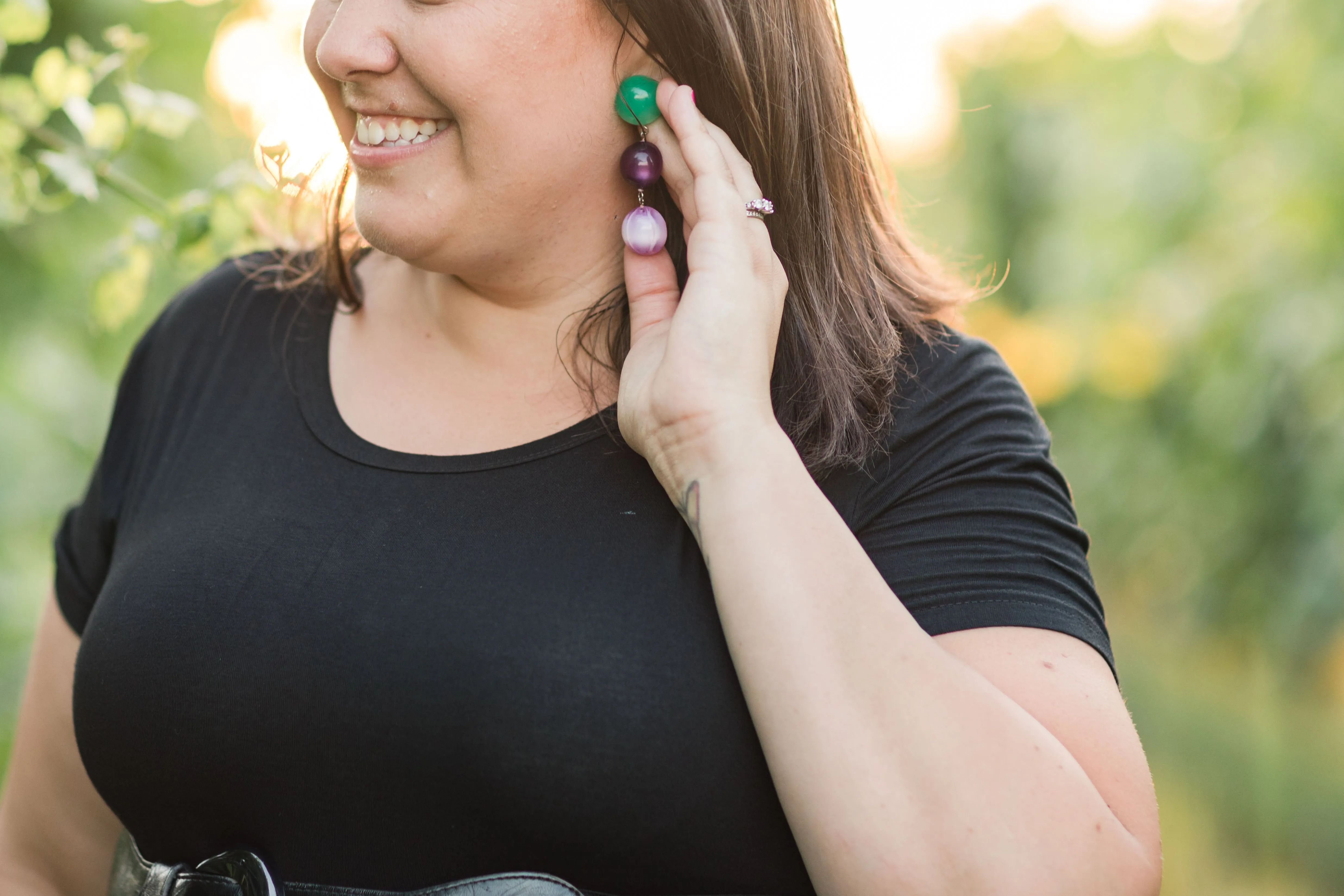 Olive Green Deep Purple & Grey Moonglow Tri Dot Drop Earrings