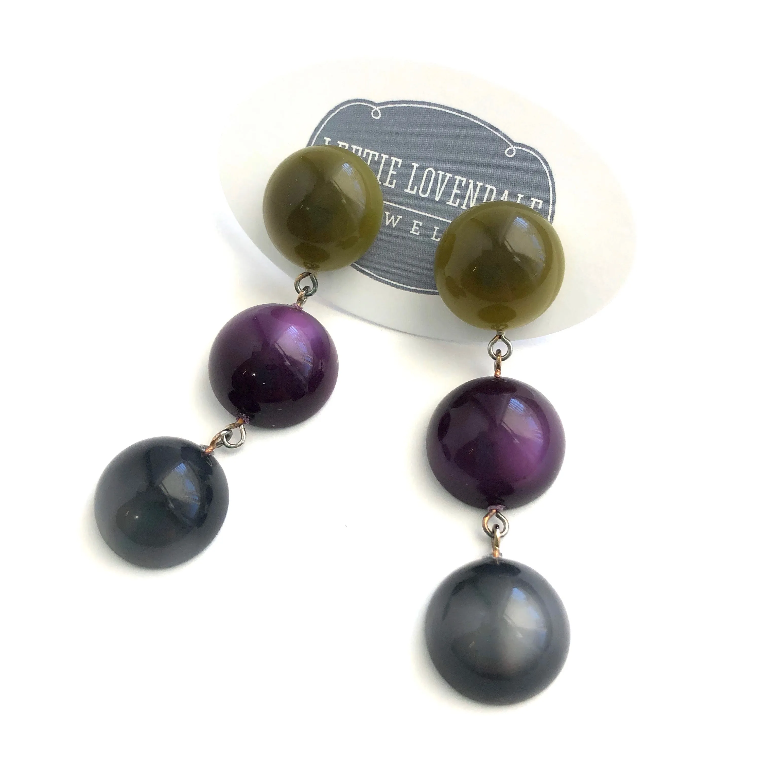 Olive Green Deep Purple & Grey Moonglow Tri Dot Drop Earrings