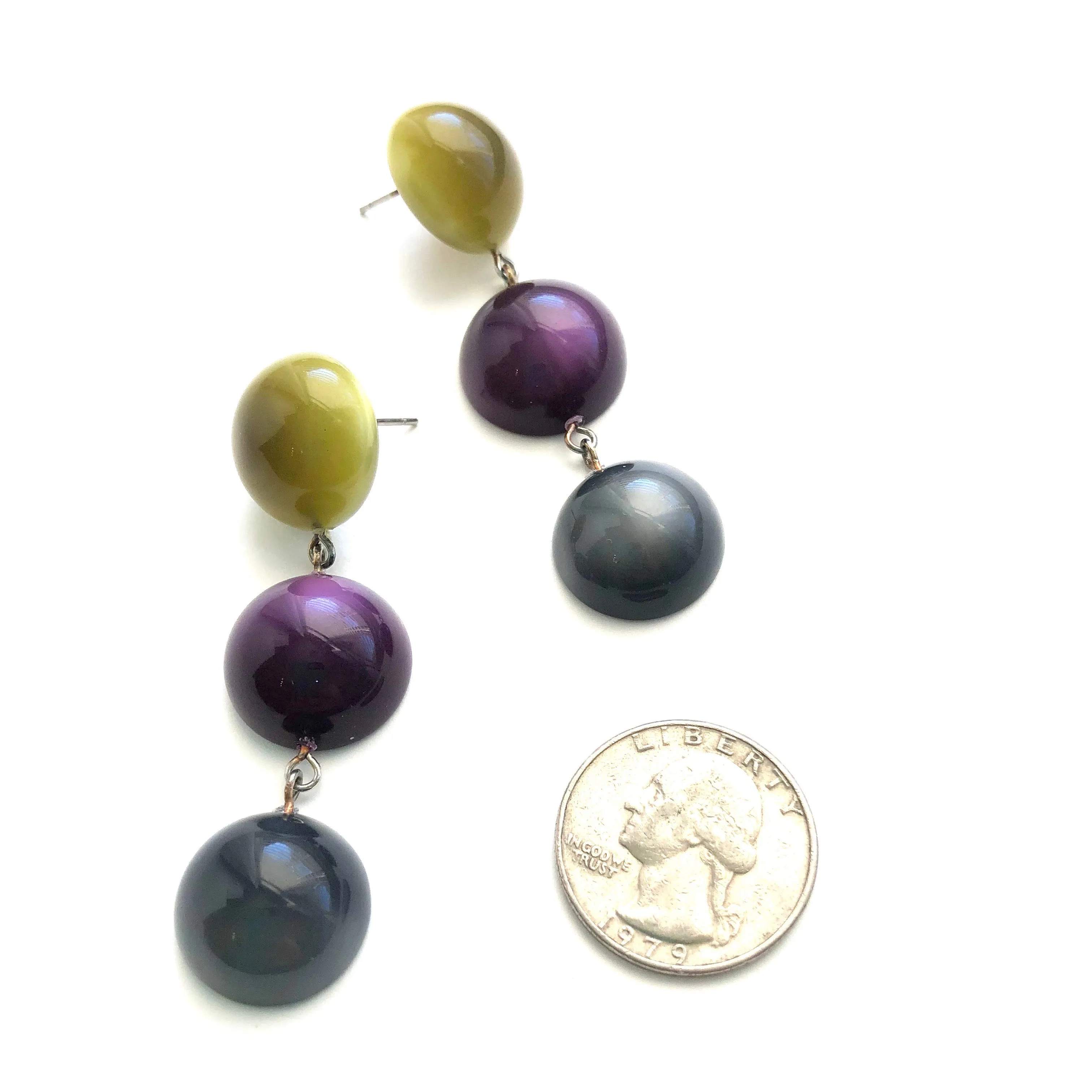 Olive Green Deep Purple & Grey Moonglow Tri Dot Drop Earrings