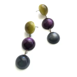 Olive Green Deep Purple & Grey Moonglow Tri Dot Drop Earrings