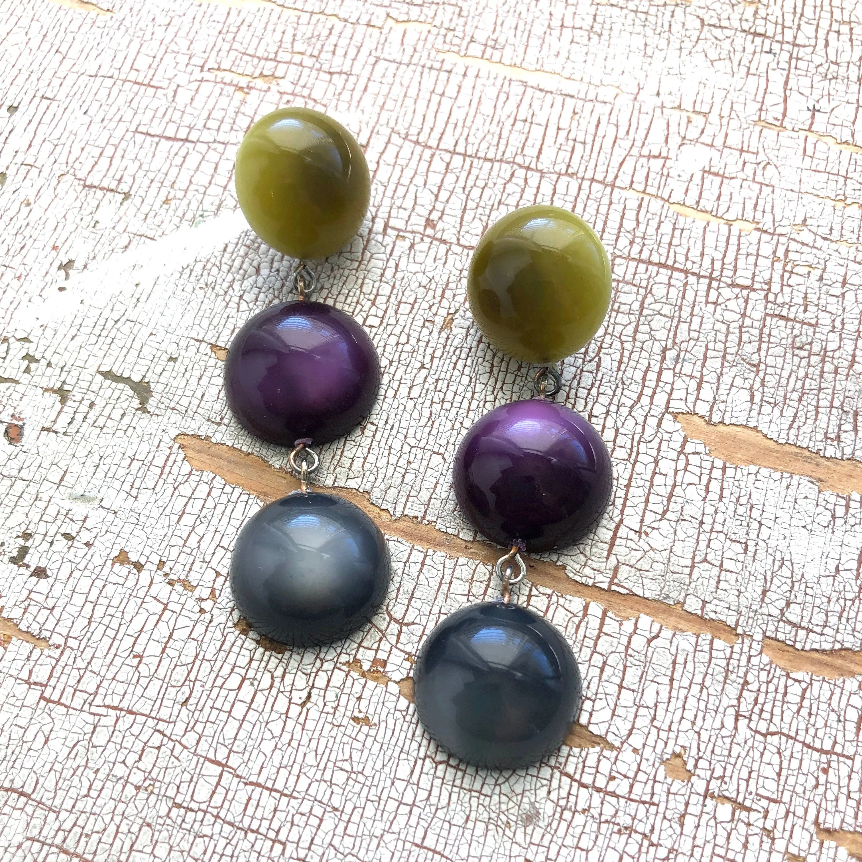 Olive Green Deep Purple & Grey Moonglow Tri Dot Drop Earrings