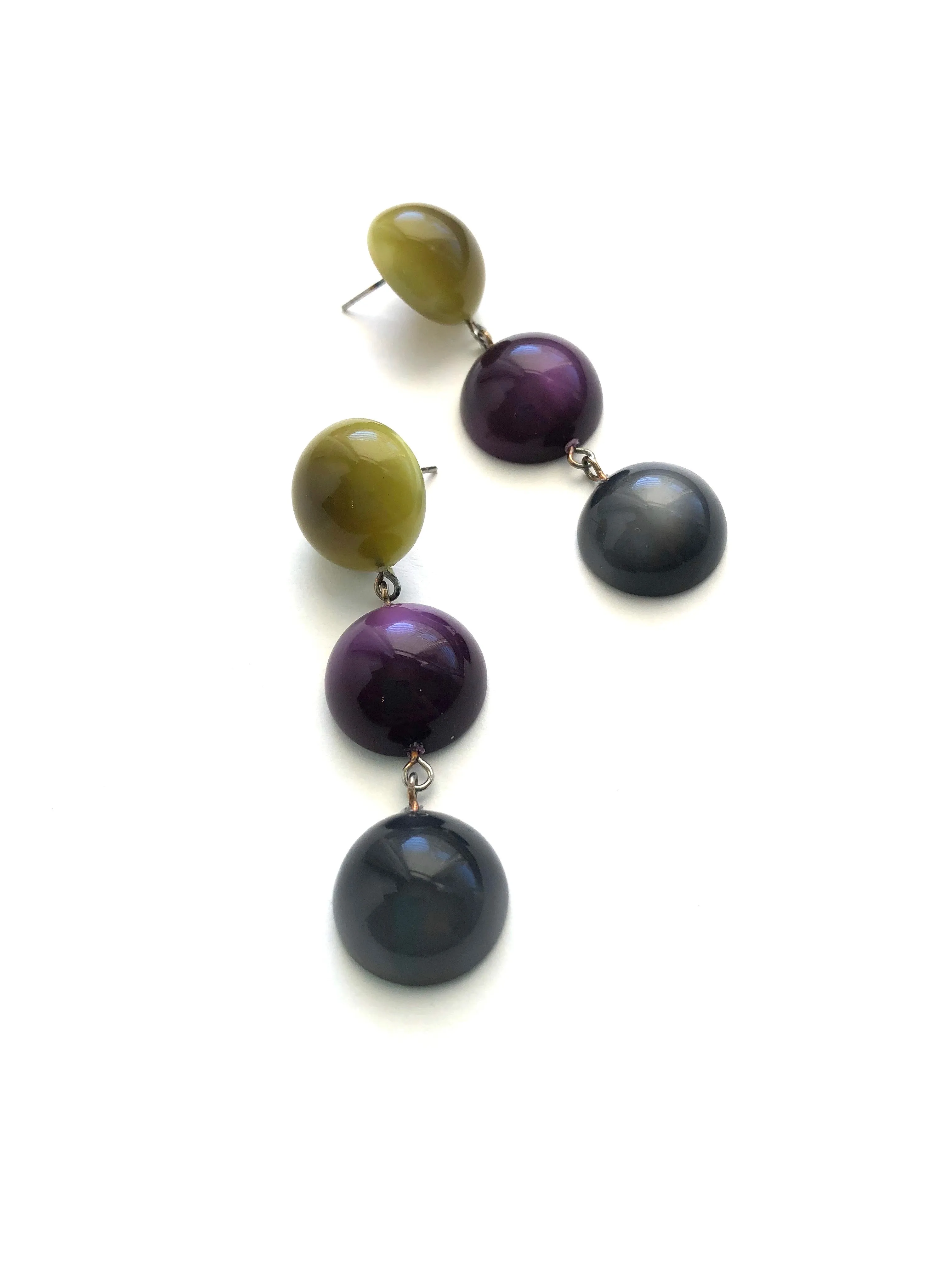 Olive Green Deep Purple & Grey Moonglow Tri Dot Drop Earrings