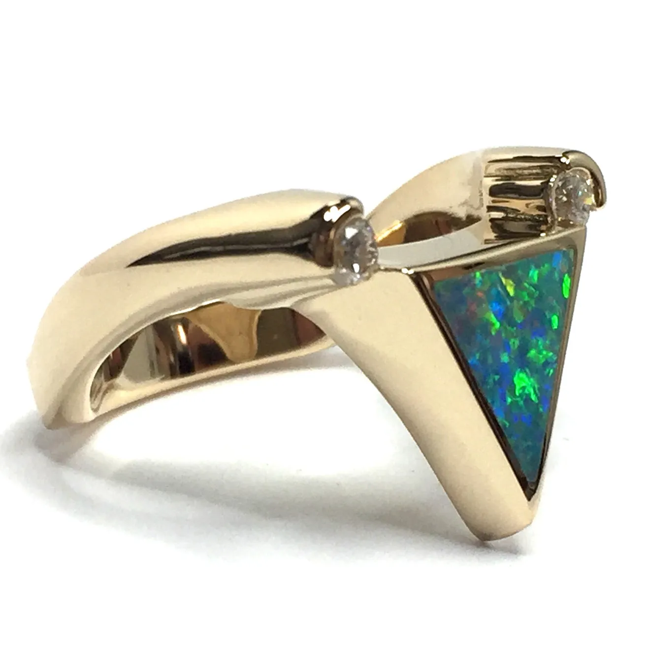 Opal Rings Triangle Inlaid Design with .14ctw Round Diamonds