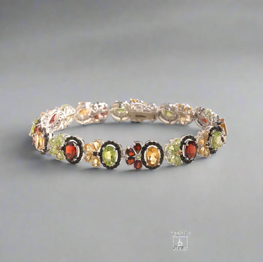 Oval-cut Natural Multi Gemstone Flower Halo Bracelet