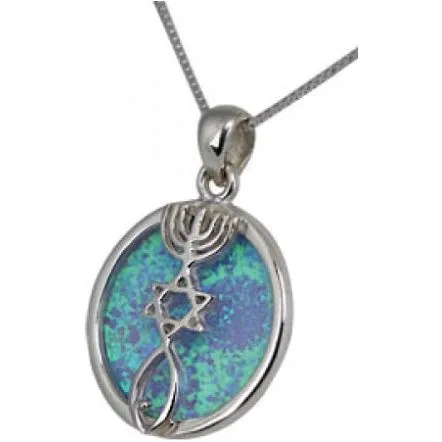 Oval Triple Kabbalah Protection Pendant Sterling Silver / opal