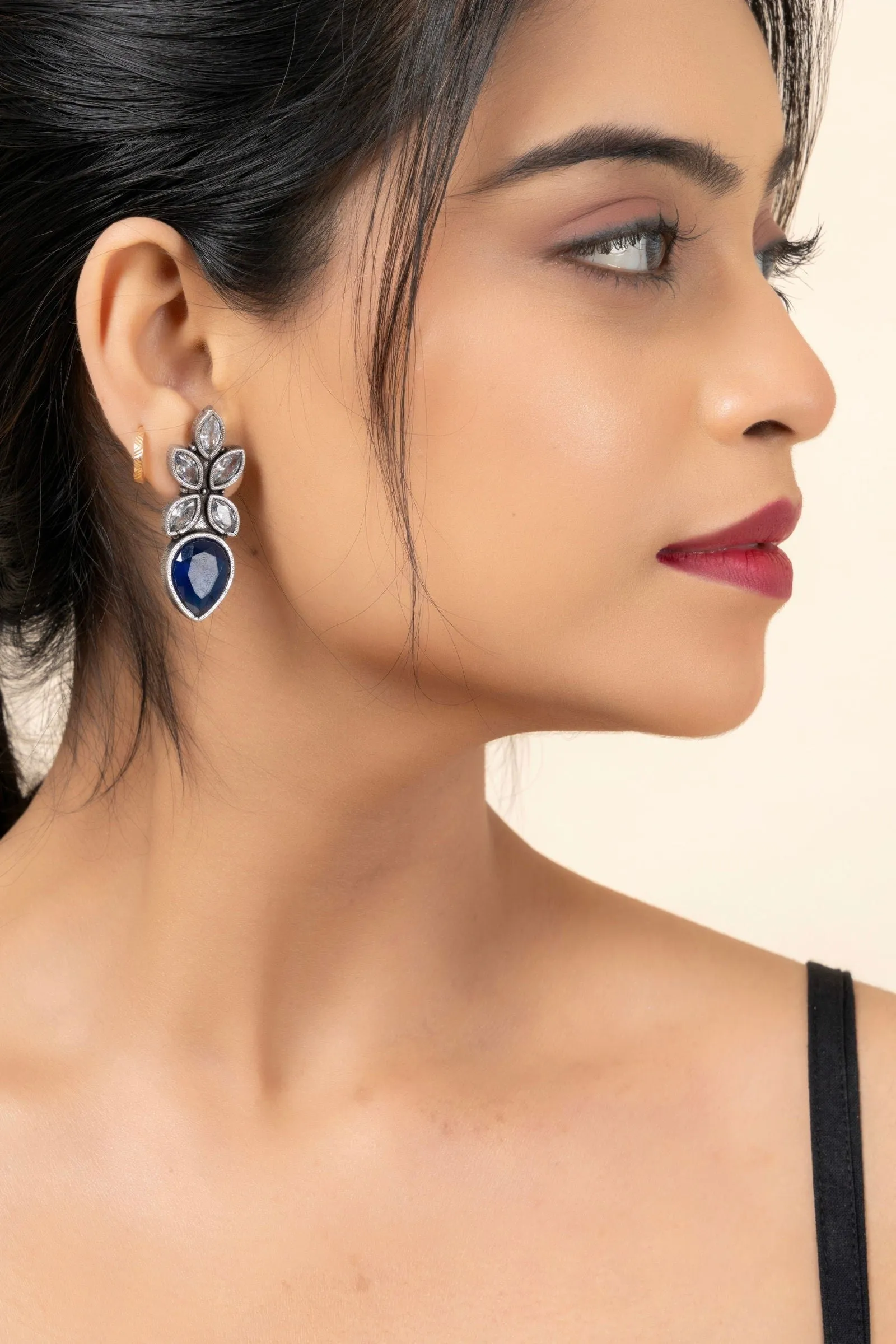 Oxidized Silver Dangle Earrings with White and Blue Cubic Zirconia, Lightweight and Elegant Design