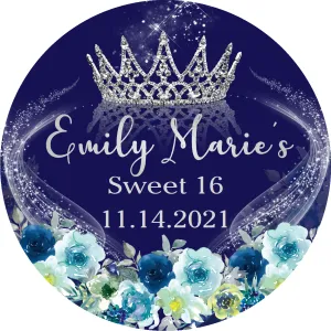 Party Favors Princess Crown Tiara Silver and Blue Floral Personalized any age Birthday Round  Stickers  Supplies Labels