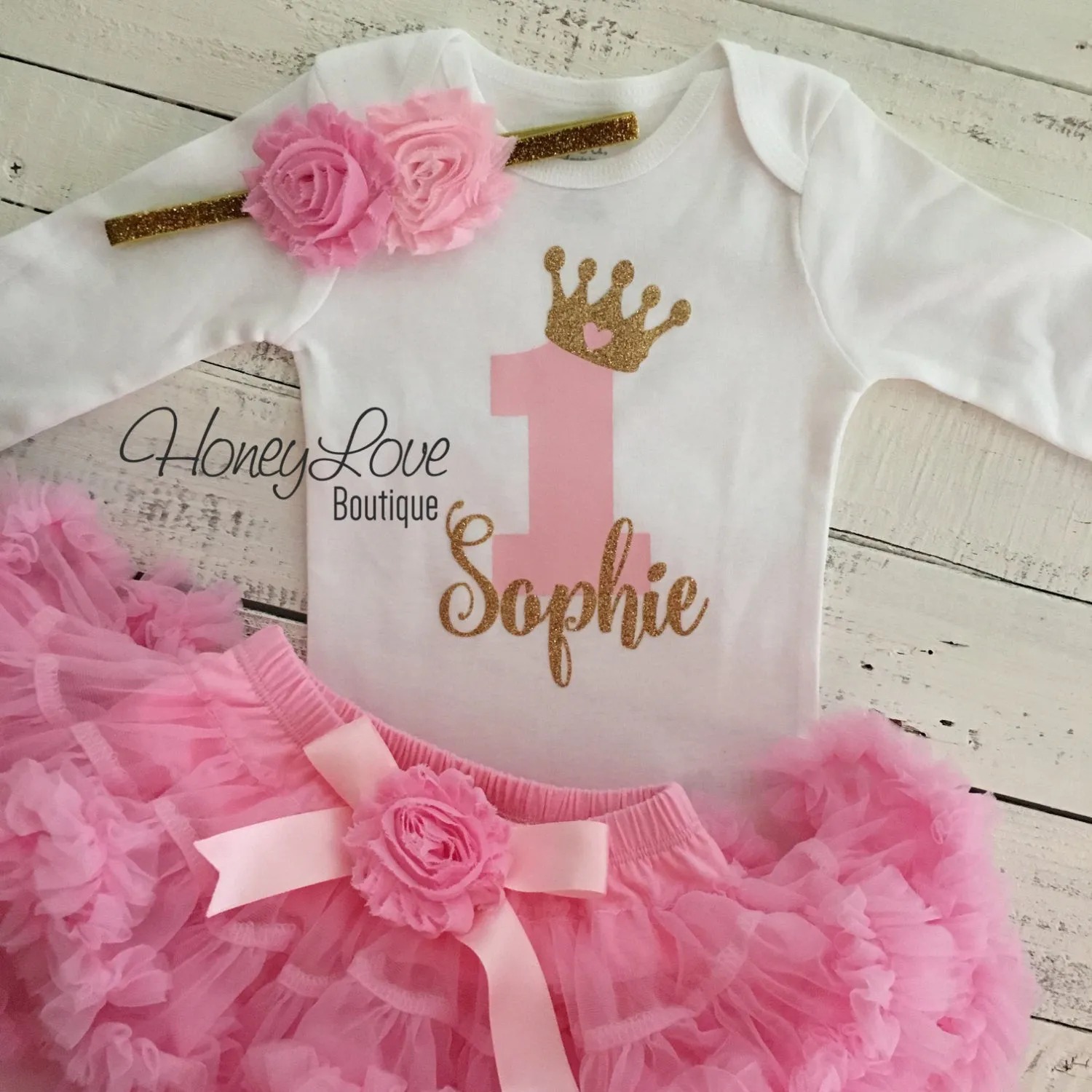 Personalized 1st Birthday Princess outfit - Gold Glitter and Light Pink - embellished pettiskirt