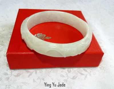 "Fish and Flowers" Carved Burmese Jadeite Bangle Bracelet 57.5mm BB28992)