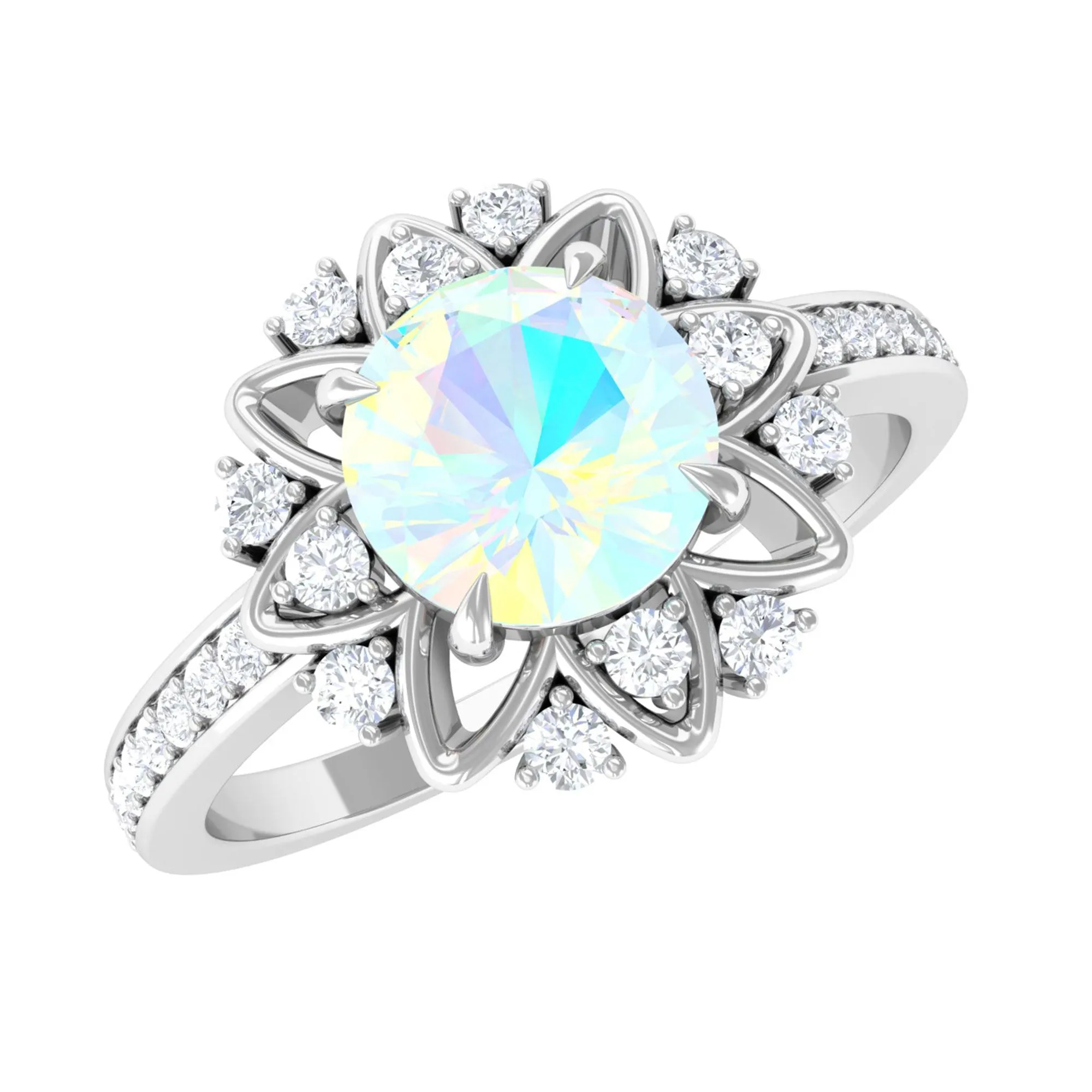 Real Ethiopian Opal Flower Engagement Ring with Diamond Accent