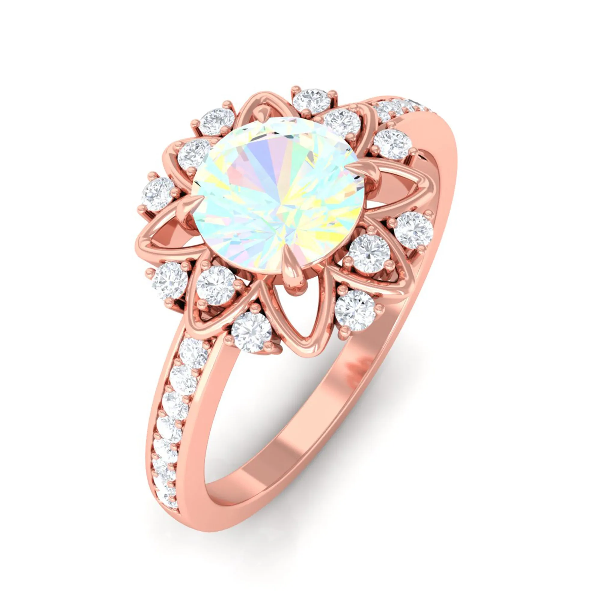 Real Ethiopian Opal Flower Engagement Ring with Diamond Accent