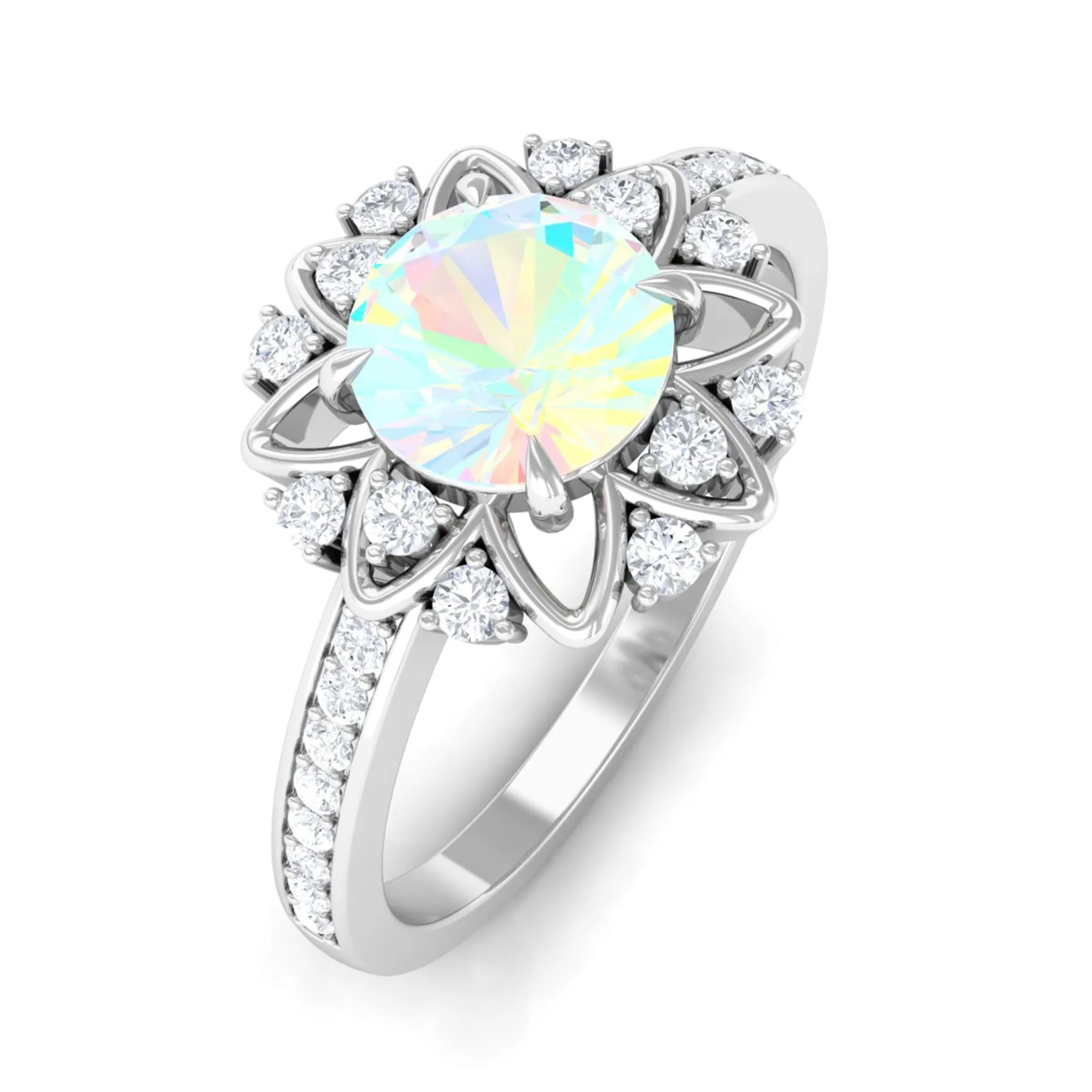 Real Ethiopian Opal Flower Engagement Ring with Diamond Accent