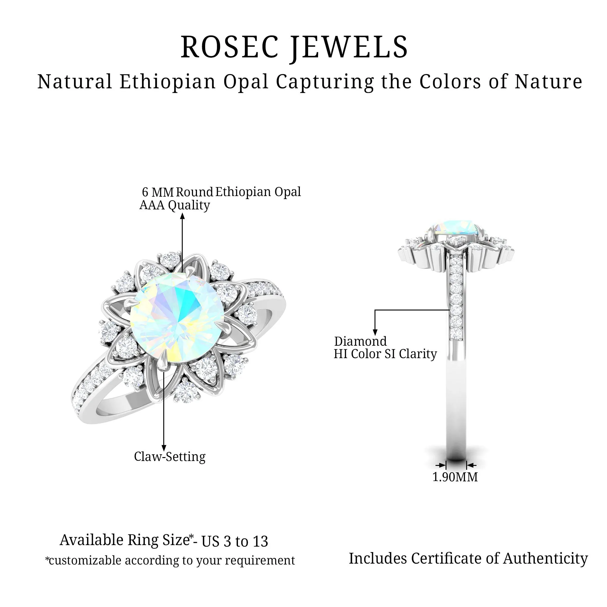 Real Ethiopian Opal Flower Engagement Ring with Diamond Accent