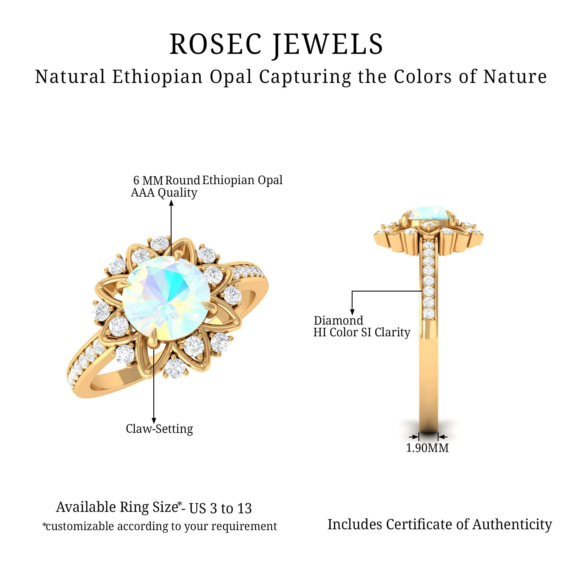 Real Ethiopian Opal Flower Engagement Ring with Diamond Accent