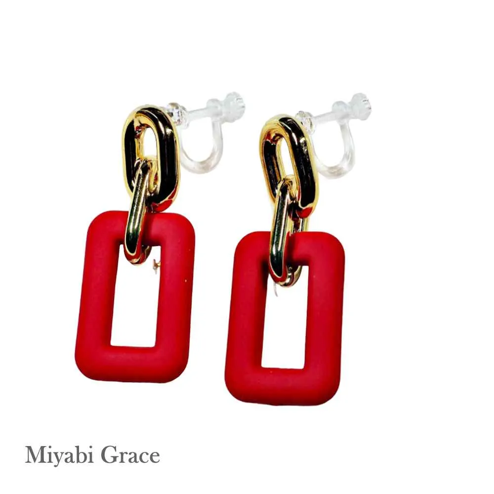 Red/Black/White/Green/Blue & Gold Rectangular Invisible Clip On Hoop Screw-Back Earrings