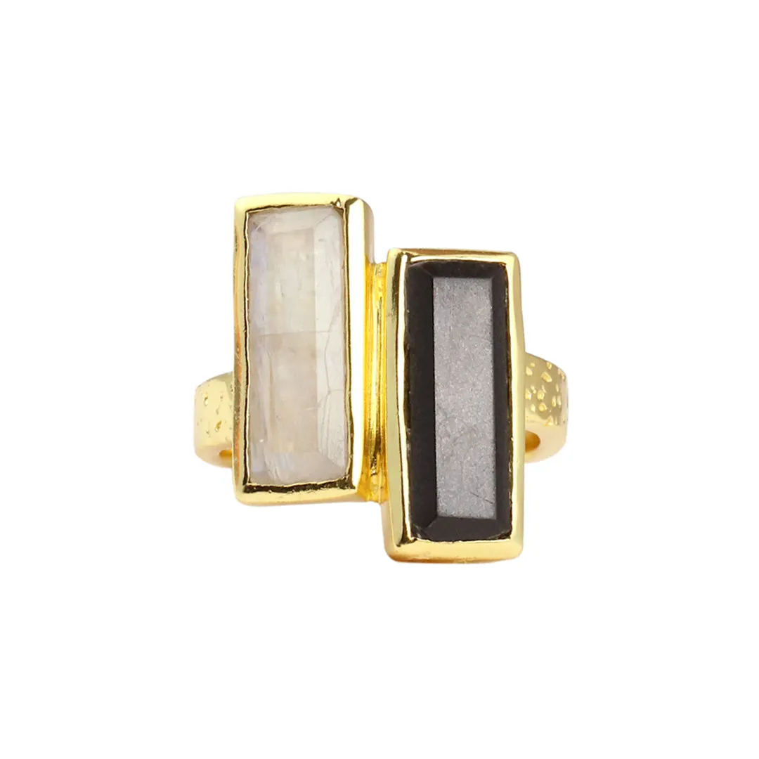 Ring - Double Bar - Black Onyx and Moonstone