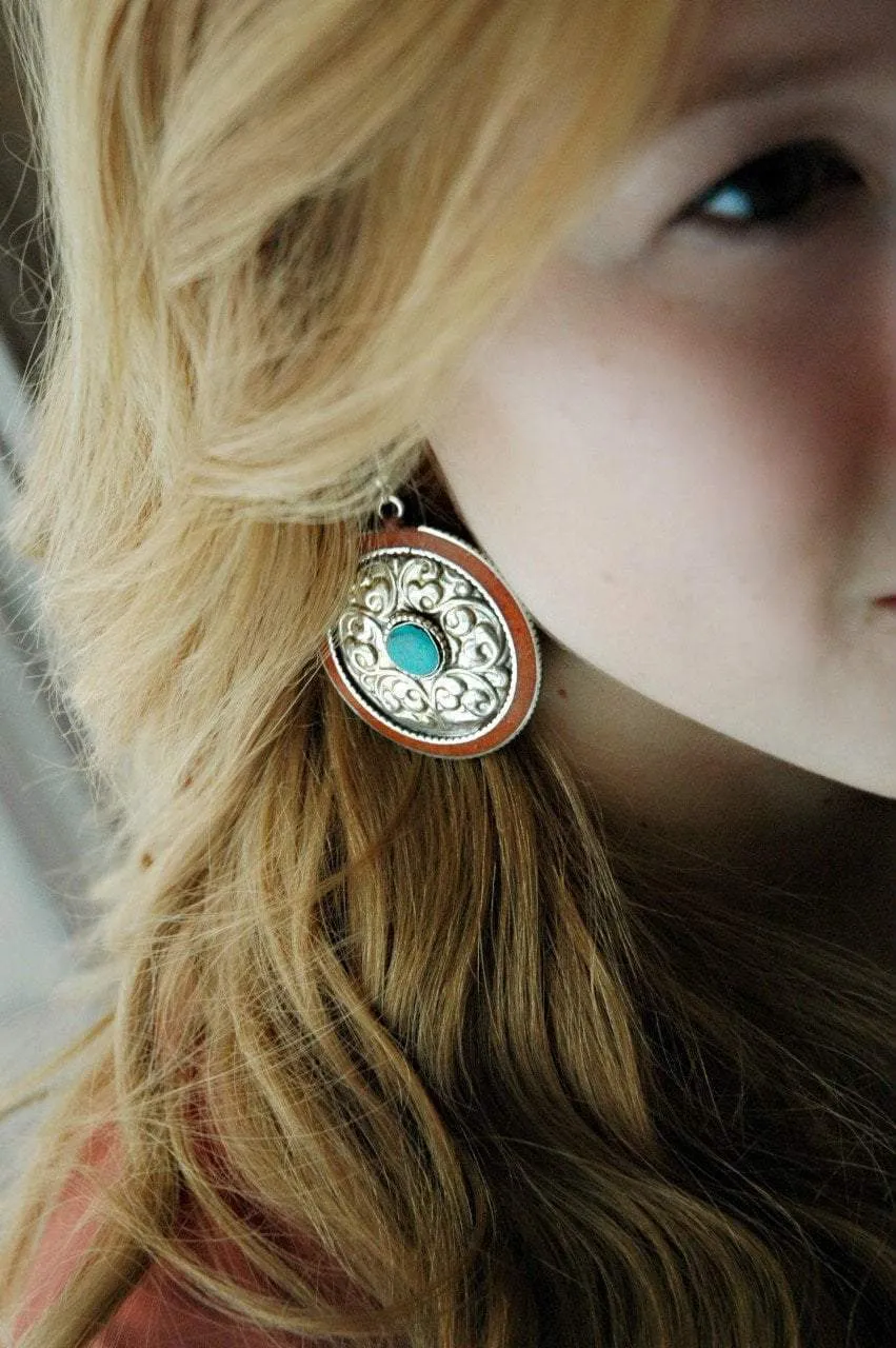 Round Coral and Turquoise Inlaid Tibetan Earrings