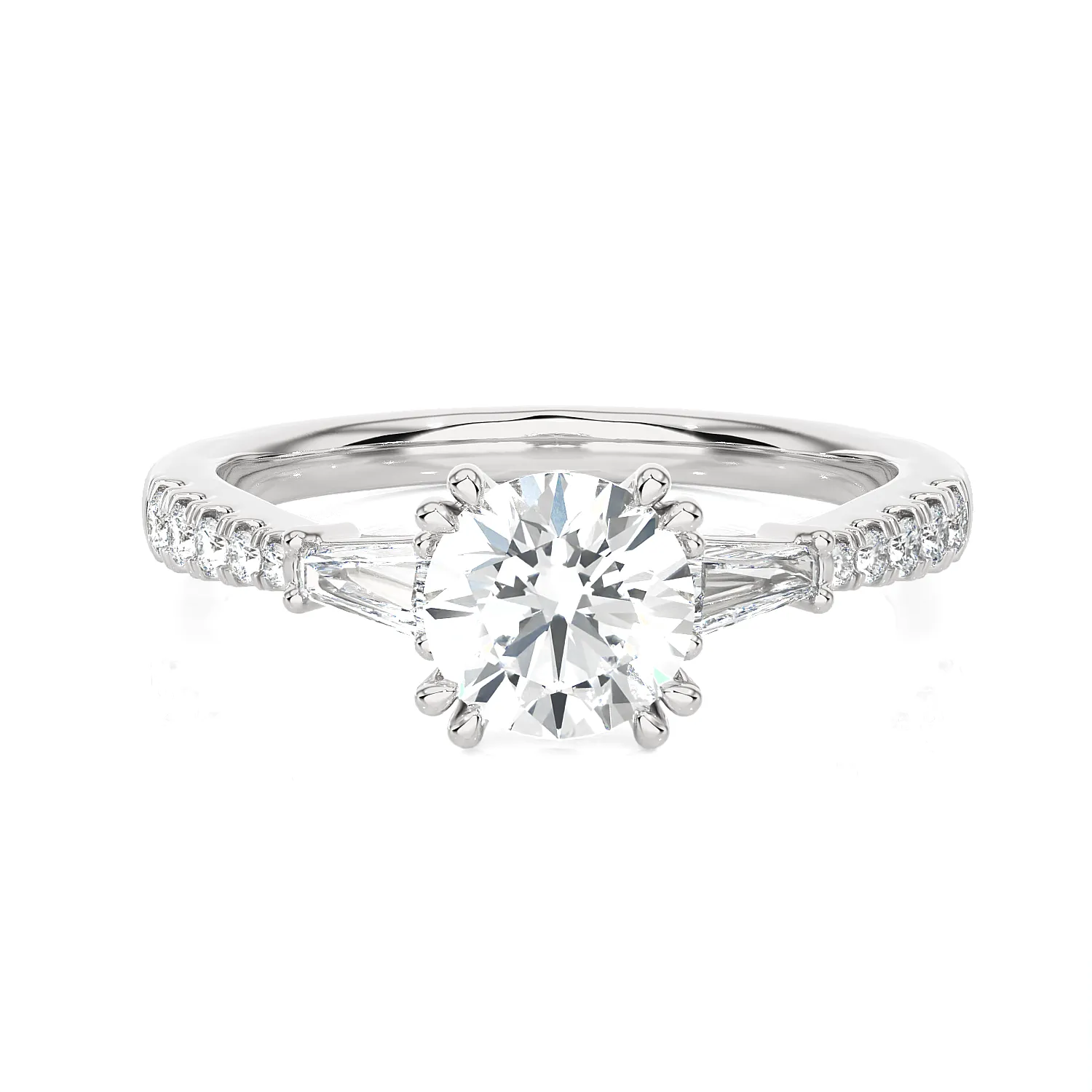 Round With Tapered Baguette Three Stone Lab Grown Diamond Ring