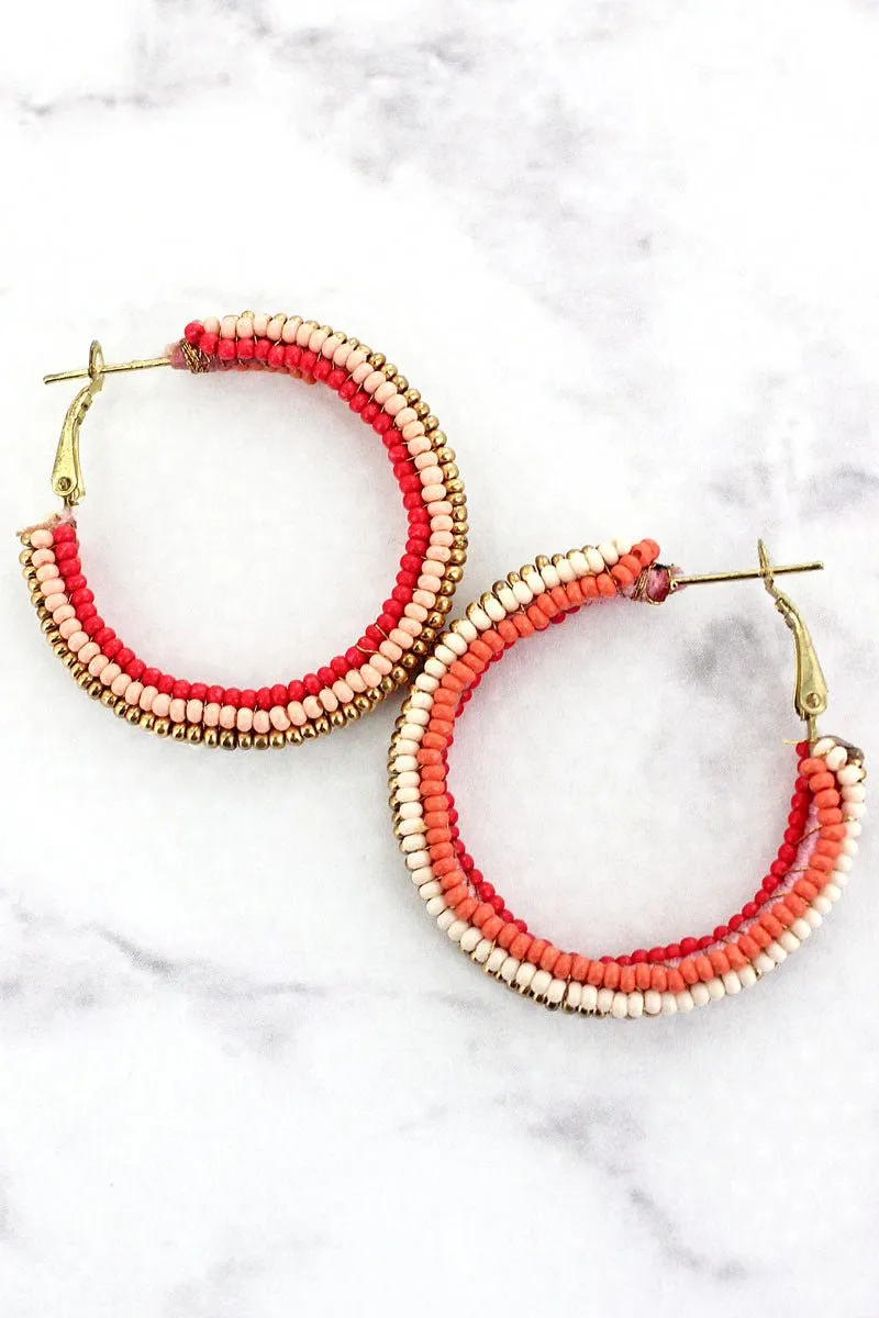 SALE! Cabo Coral Seed Bead Hoop Earrings