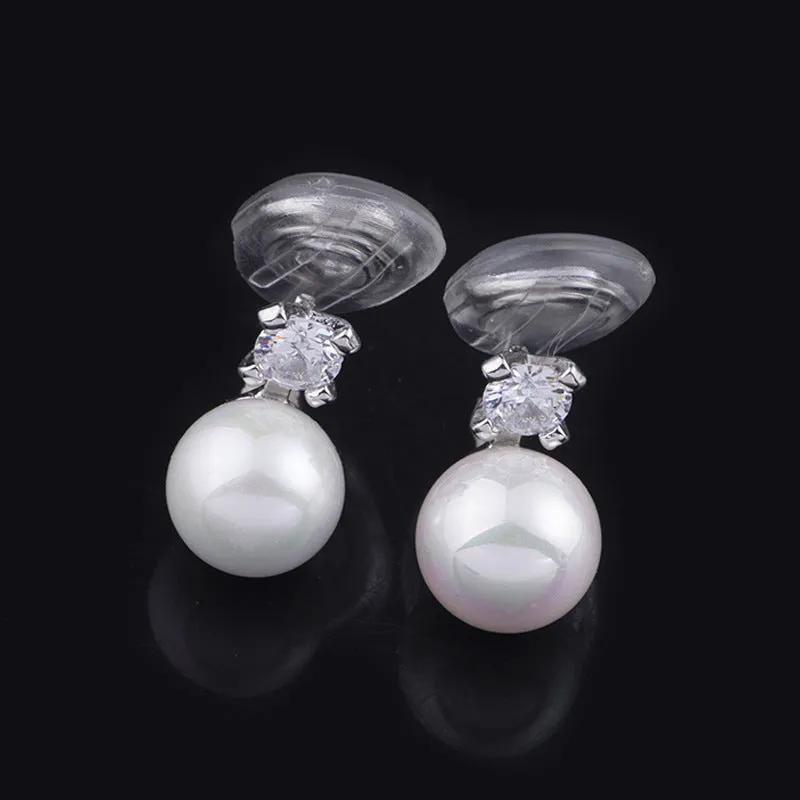 Silver Crystal Cubic Zirconia White Shell Pearl Bridal Wedding Clip Angle Adjustable Spiral Clip On Earrings