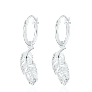 Silver Feather Charm Hoop Earrings