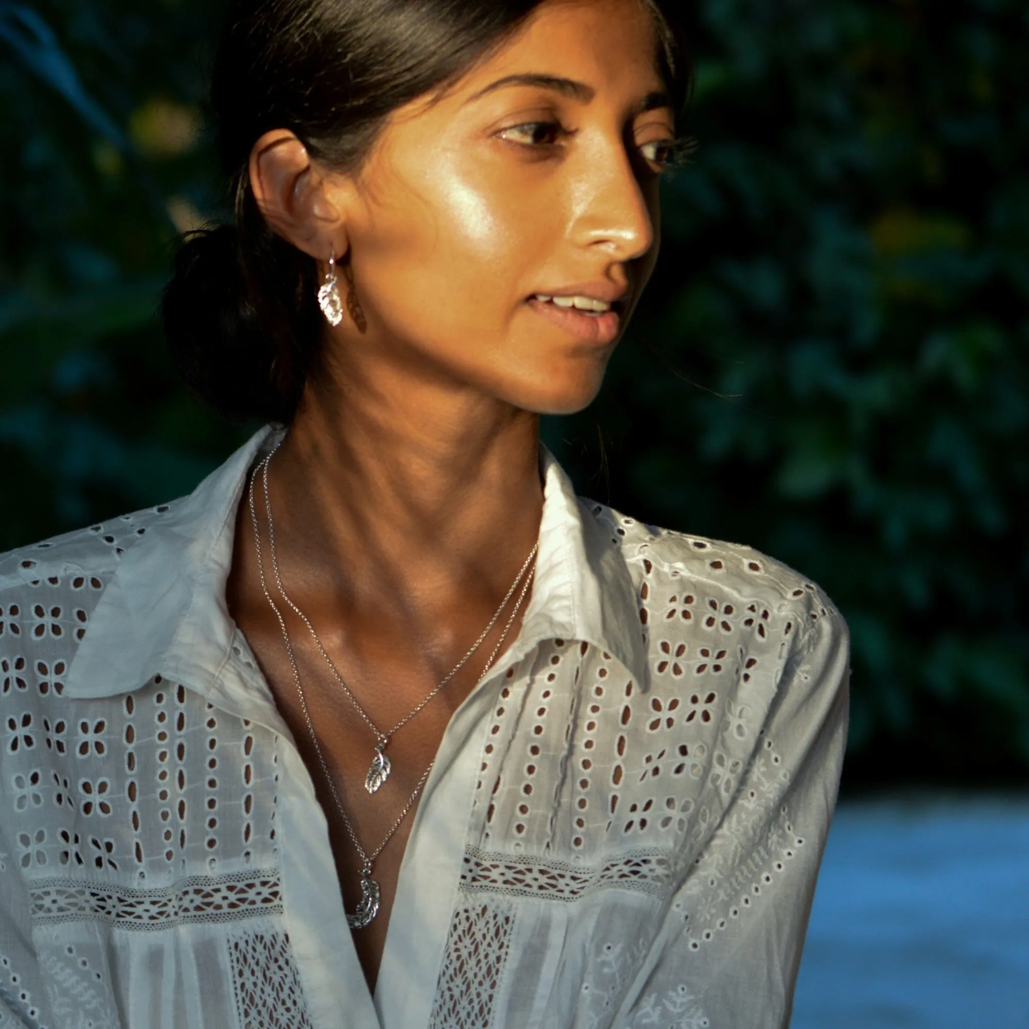 Silver Feather Charm Hoop Earrings