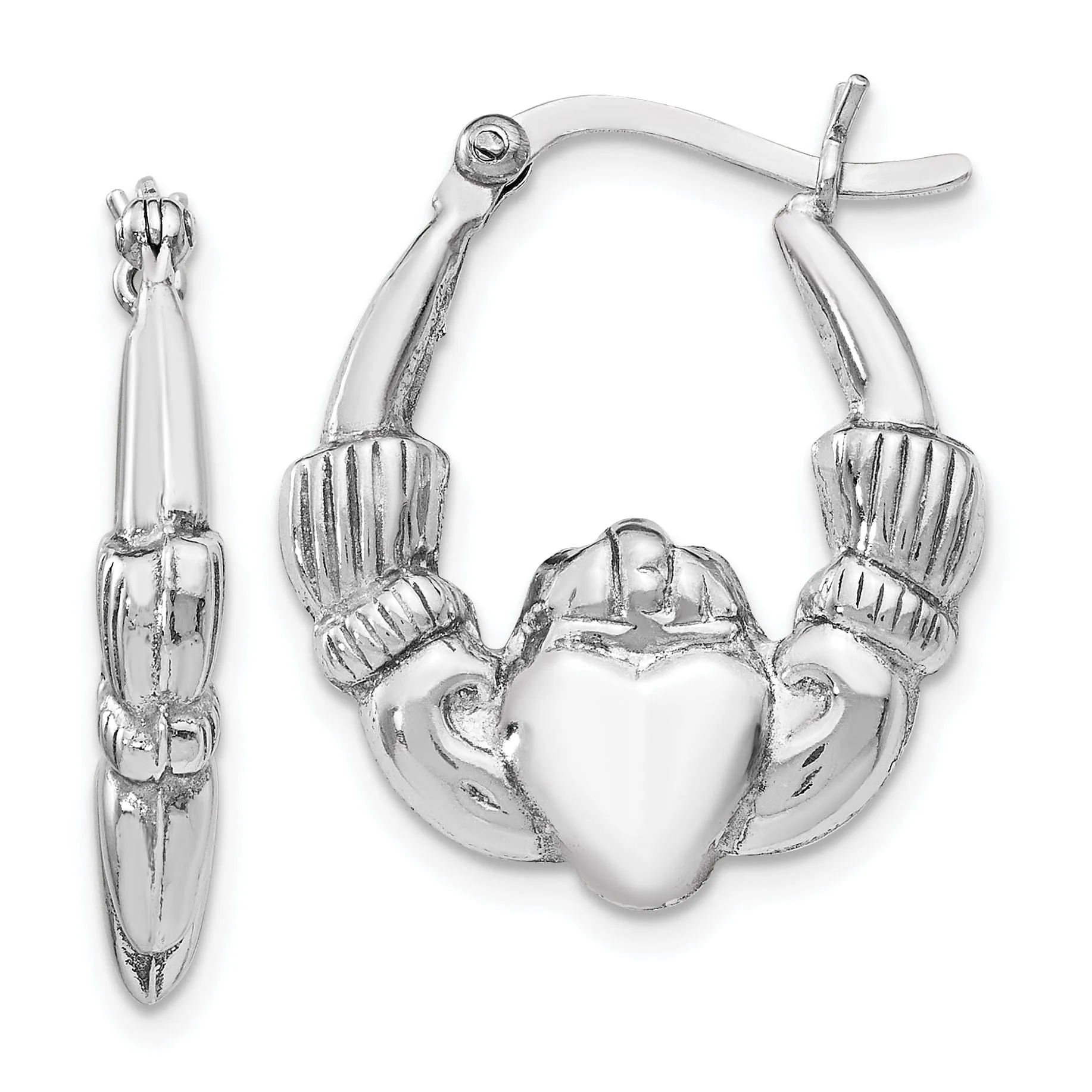 Silver Polished Claddagh Hinged Hoop Earrings