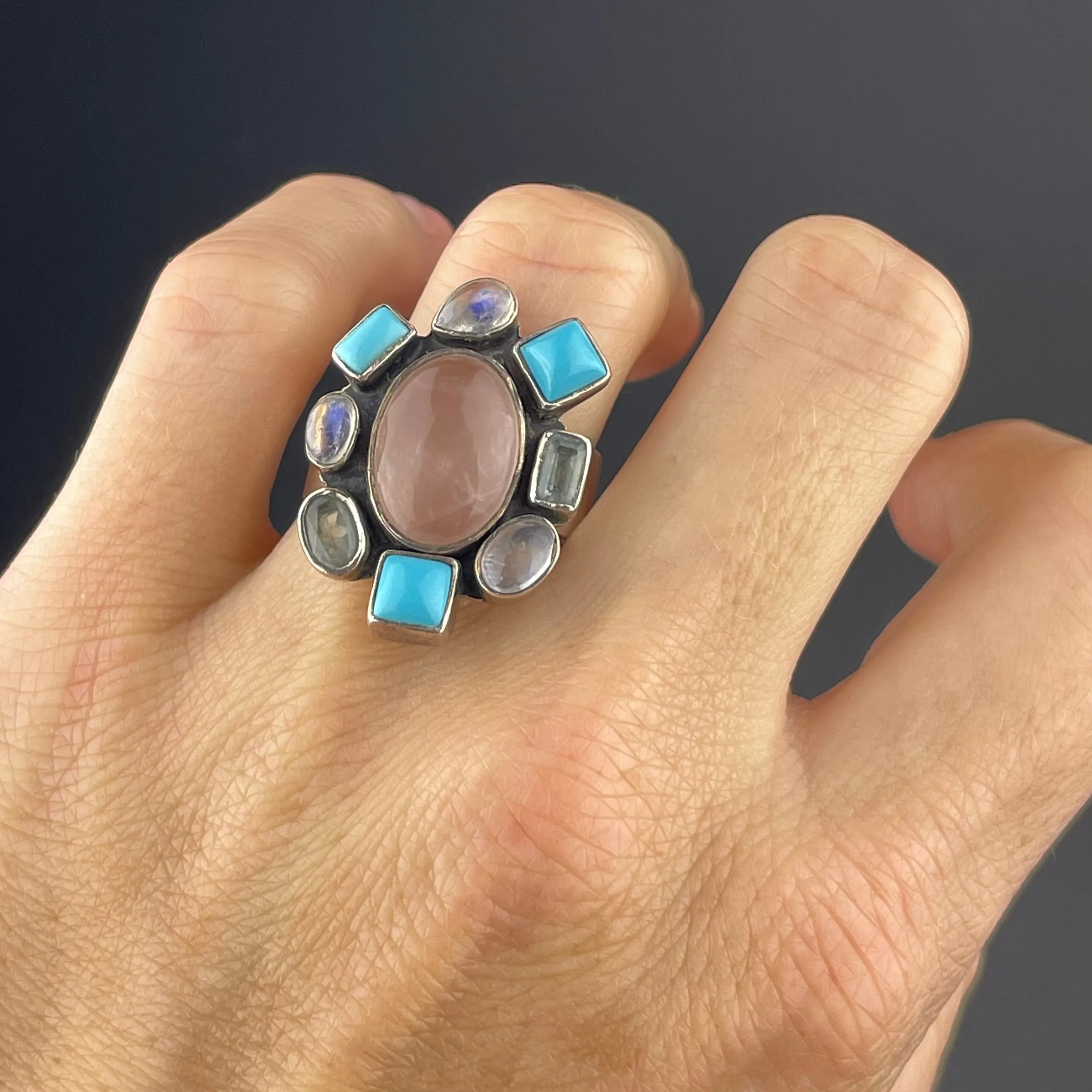 Silver Turquoise Moonstone Rose Quartz Statement Ring, Sz 9