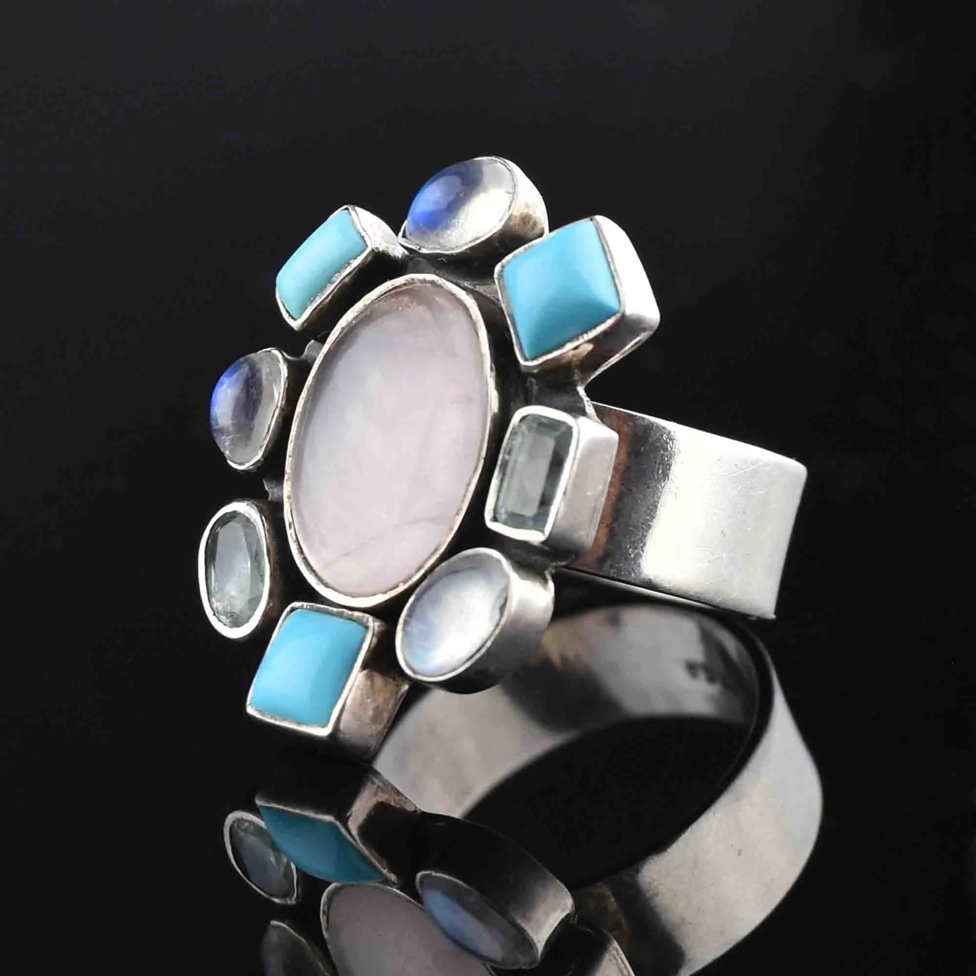 Silver Turquoise Moonstone Rose Quartz Statement Ring, Sz 9