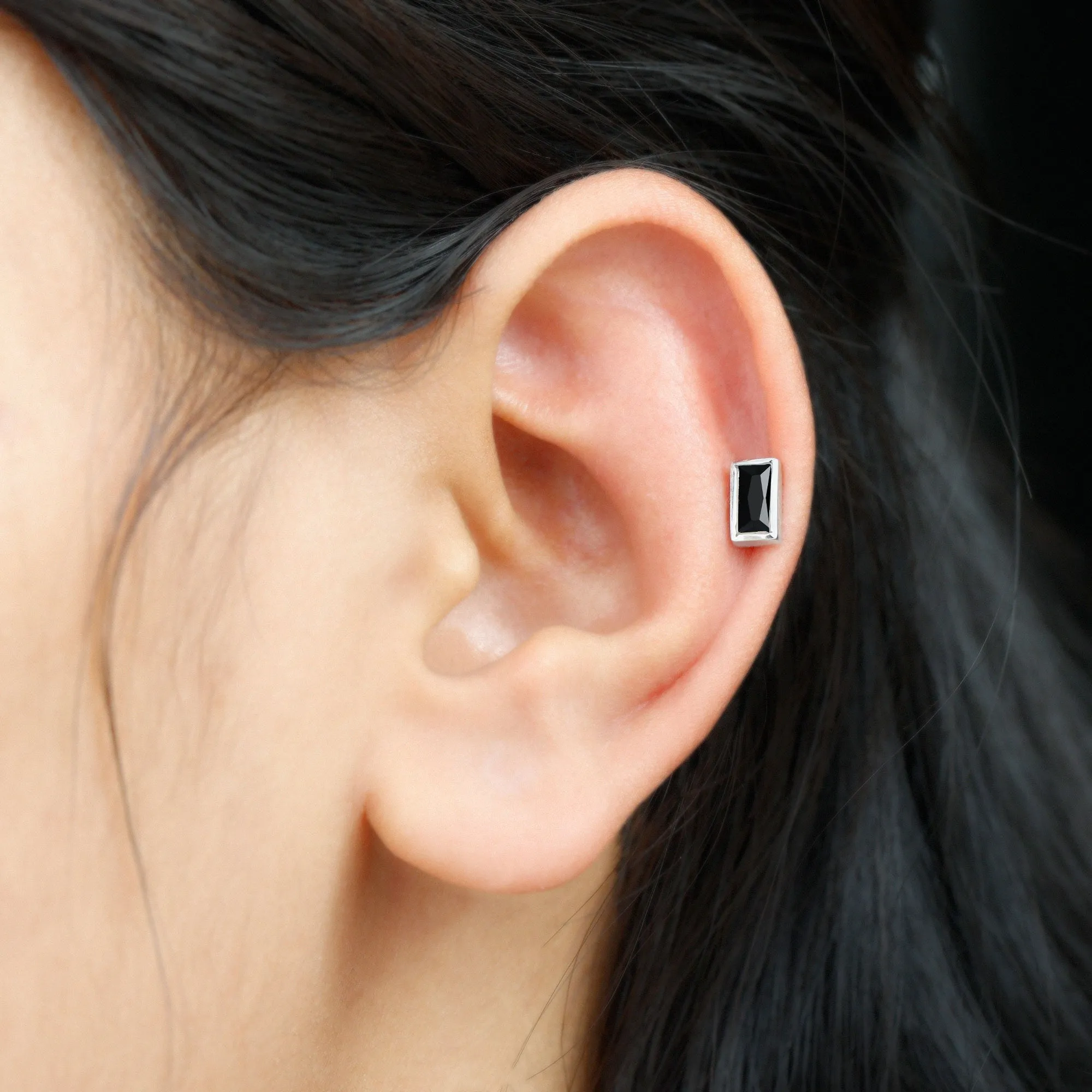 Simple Baguette Black Onyx Helix Earring in Bezel Setting