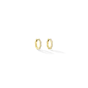 Small Yellow Gold Triplet Hoop Earrings with White Diamonds