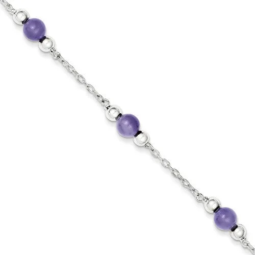 Sterling Silver 9inch Lavender Natural Jade Bead Anklet
