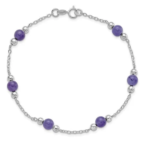 Sterling Silver 9inch Lavender Natural Jade Bead Anklet