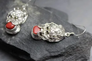 Sterling Silver and Coral Garuda Earrings