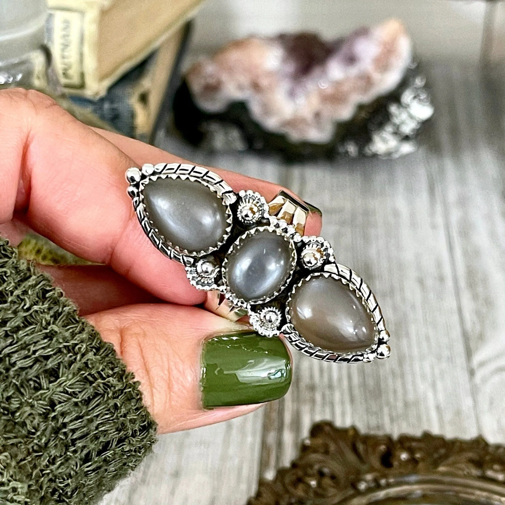 Three Stone Grey Moonstone Ring in Solid Sterling Silver- Designed by FOXLARK Collection Size 5 6 7 8 9 10 11 / Gothic Jewelry