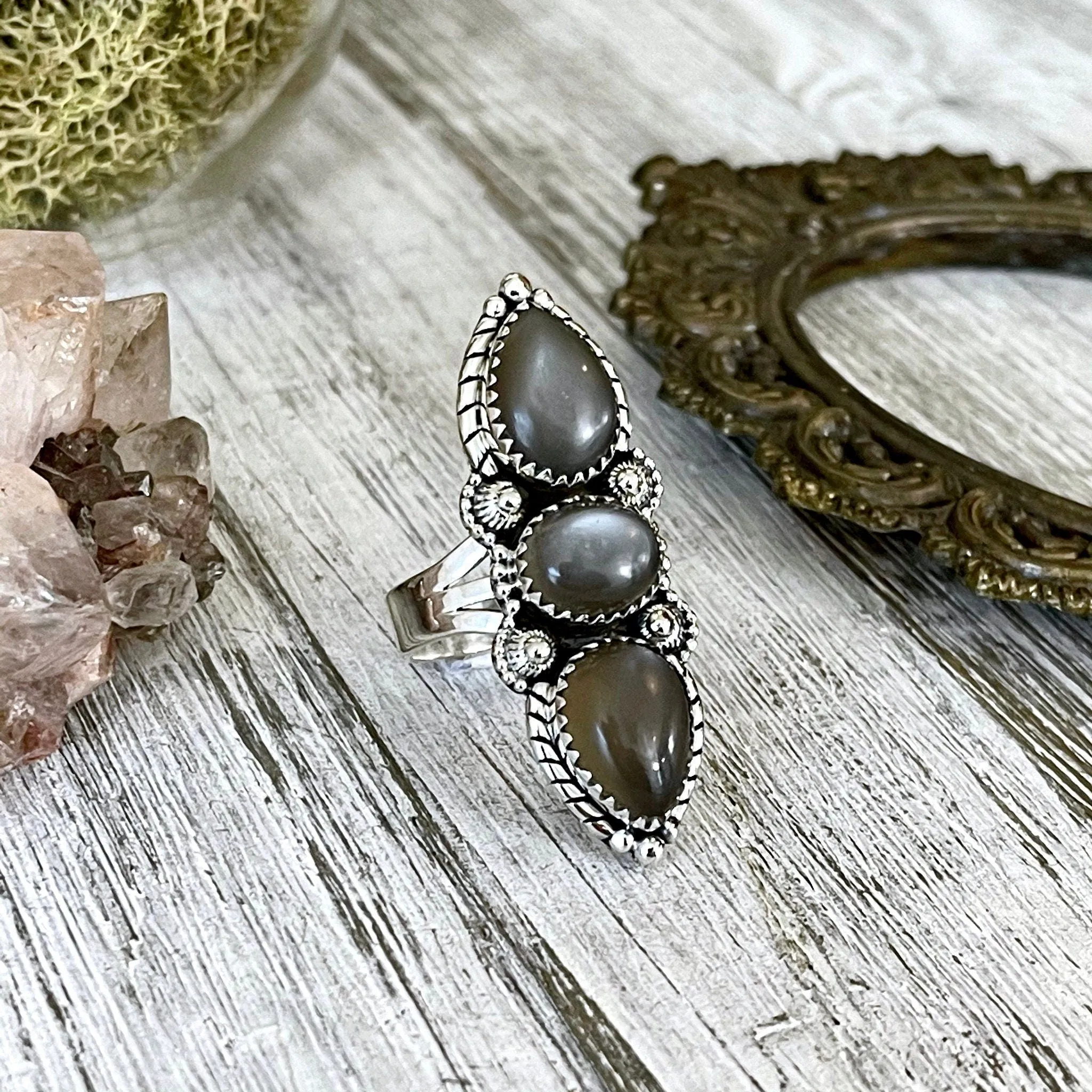 Three Stone Grey Moonstone Ring in Solid Sterling Silver- Designed by FOXLARK Collection Size 5 6 7 8 9 10 11 / Gothic Jewelry