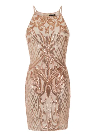 Tiara Rose Gold Sheer Sequin Embellished Transparent Mini Dress