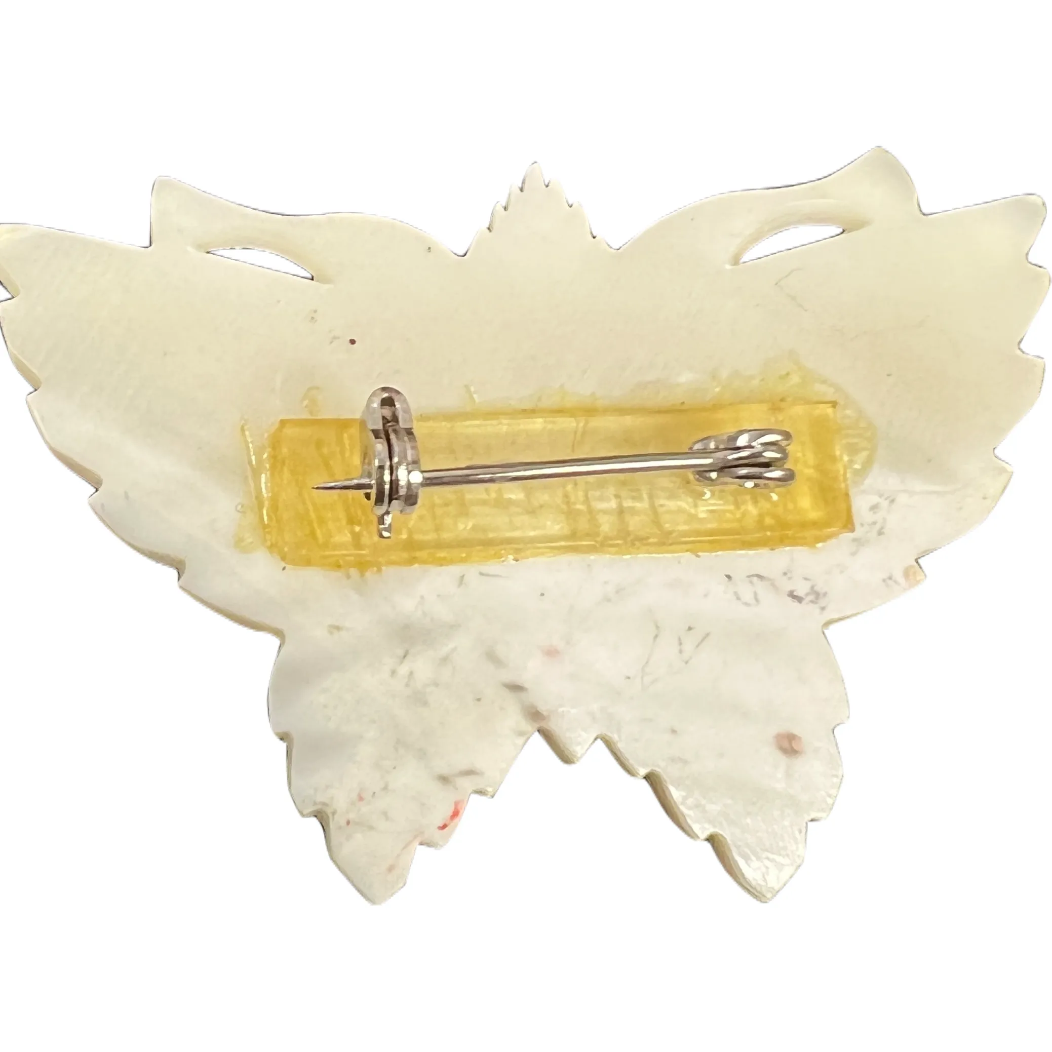 Vintage Carved  Mother of Pearl Moth Brooch w/Red Eyes 1920