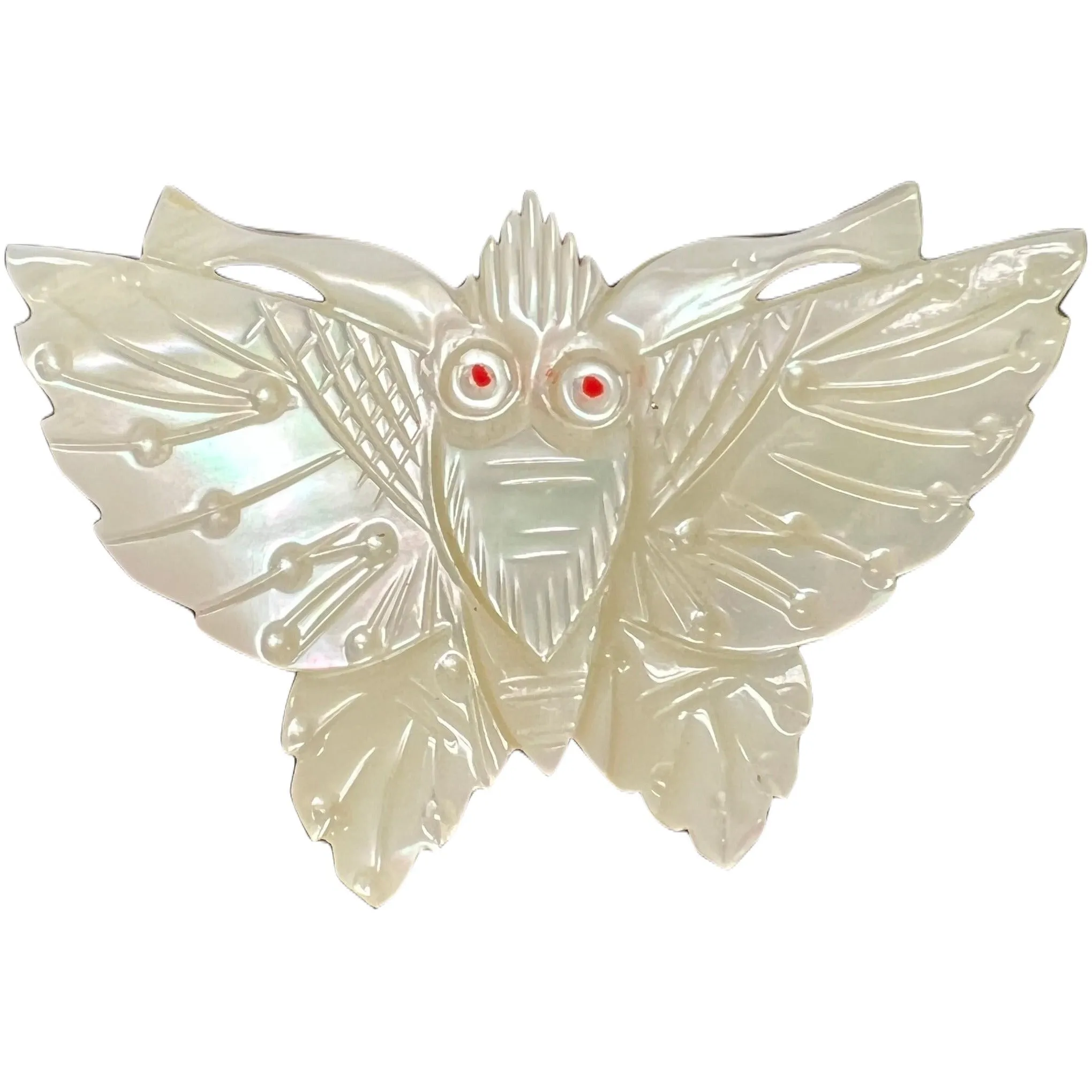 Vintage Carved  Mother of Pearl Moth Brooch w/Red Eyes 1920