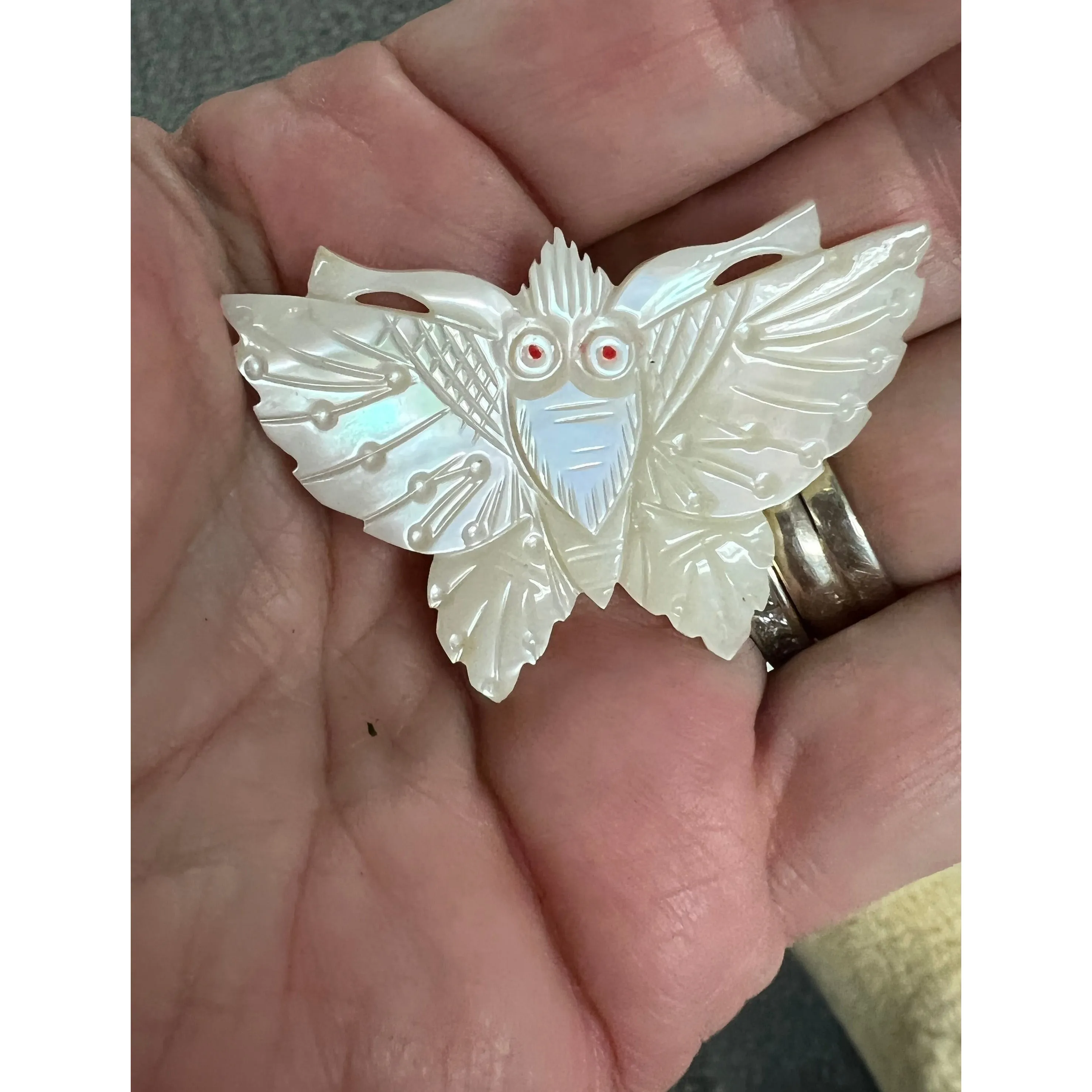 Vintage Carved  Mother of Pearl Moth Brooch w/Red Eyes 1920