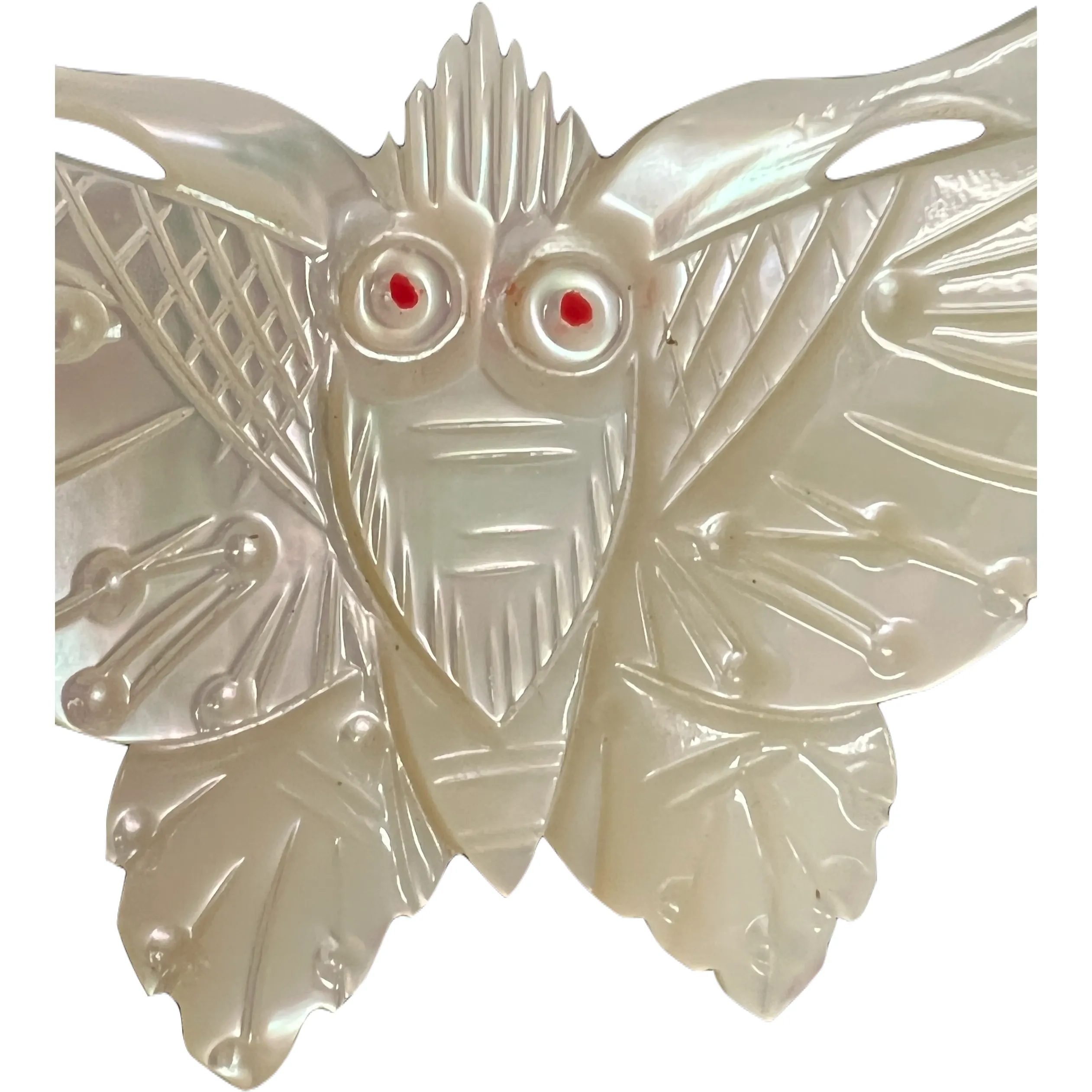 Vintage Carved  Mother of Pearl Moth Brooch w/Red Eyes 1920