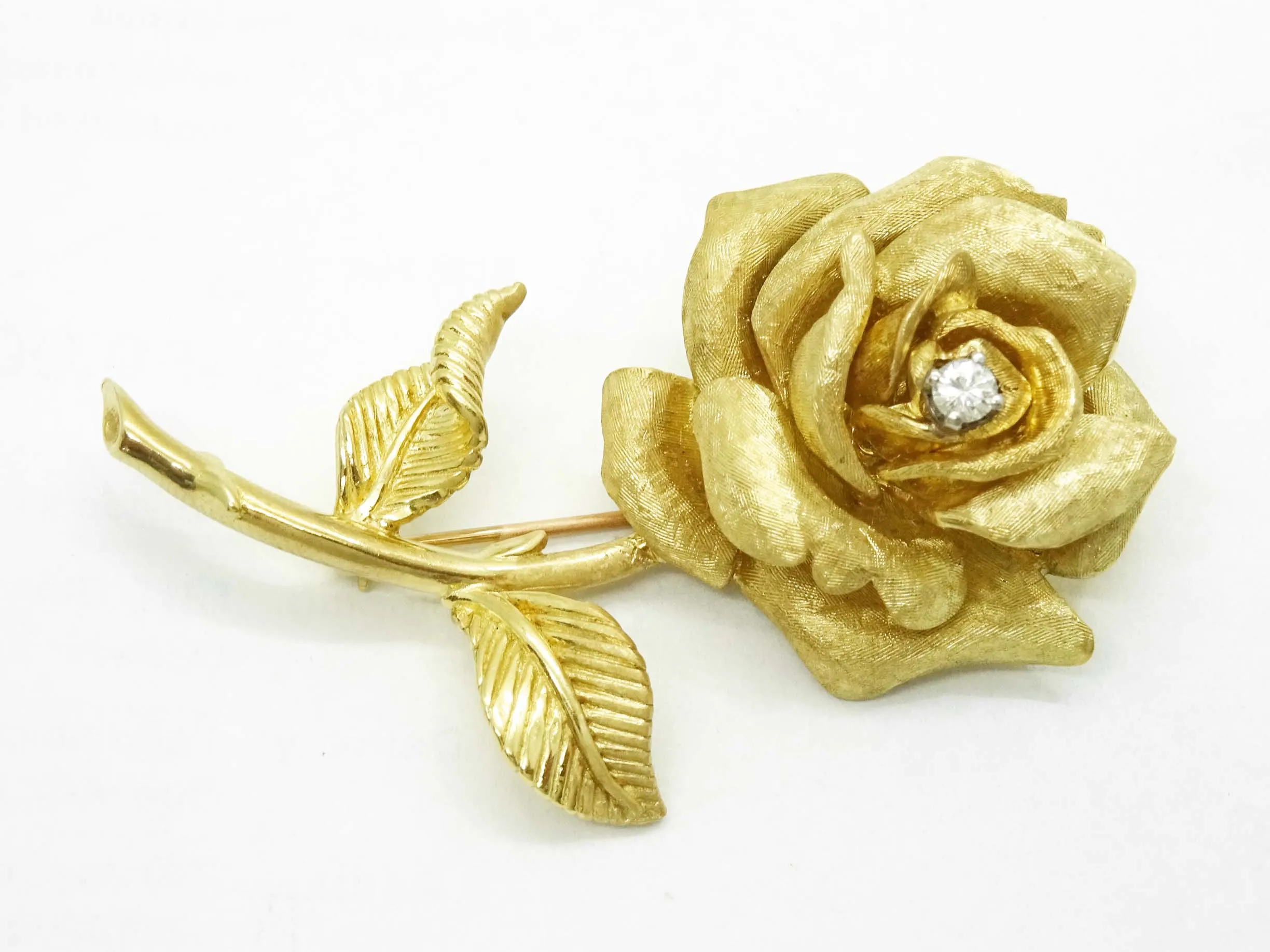 Vintage David E Trabich Designer Diamond Rose Brooch Pin 14k Yellow Gold