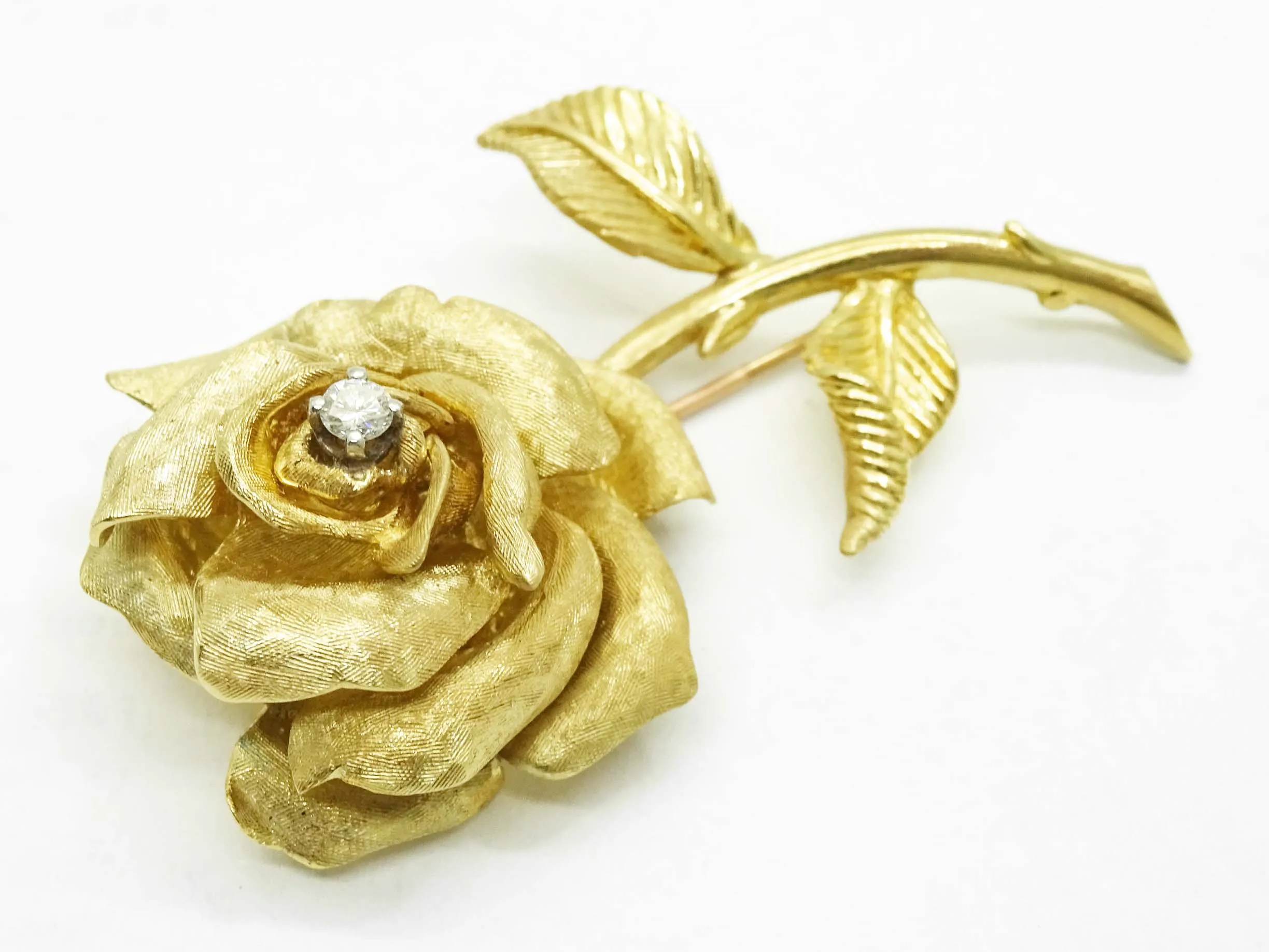 Vintage David E Trabich Designer Diamond Rose Brooch Pin 14k Yellow Gold