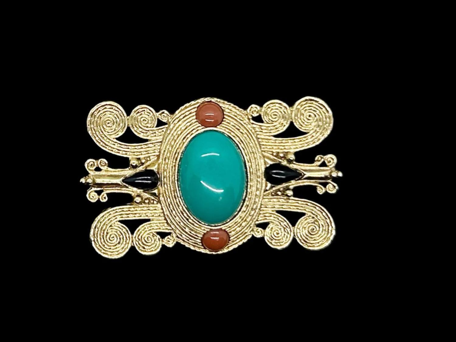 Vintage Etruscan Style Brooch with Green Oval Cabochon